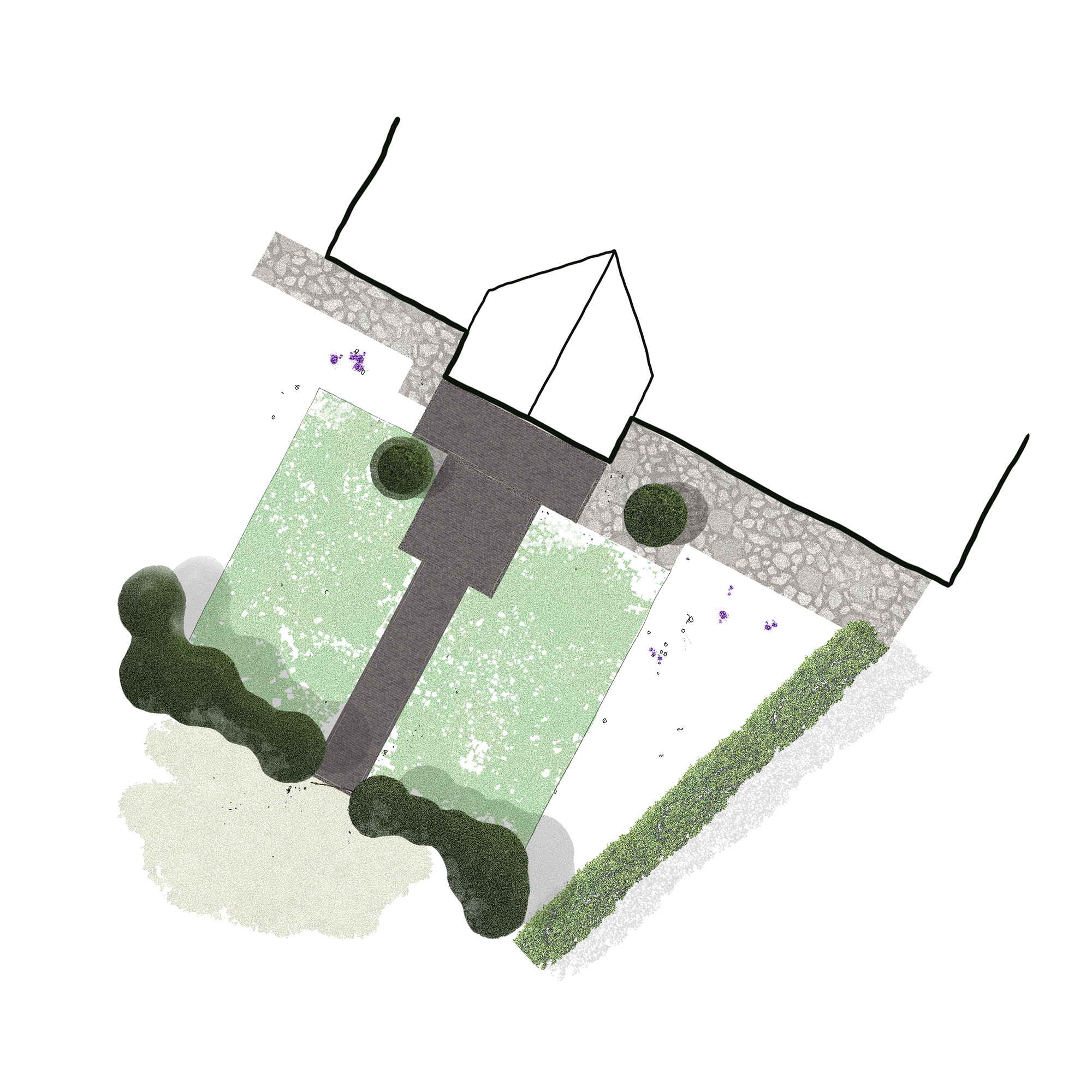 Aerial view of a landscaped area with walking paths, grass, bushes, and trees surrounding a building.