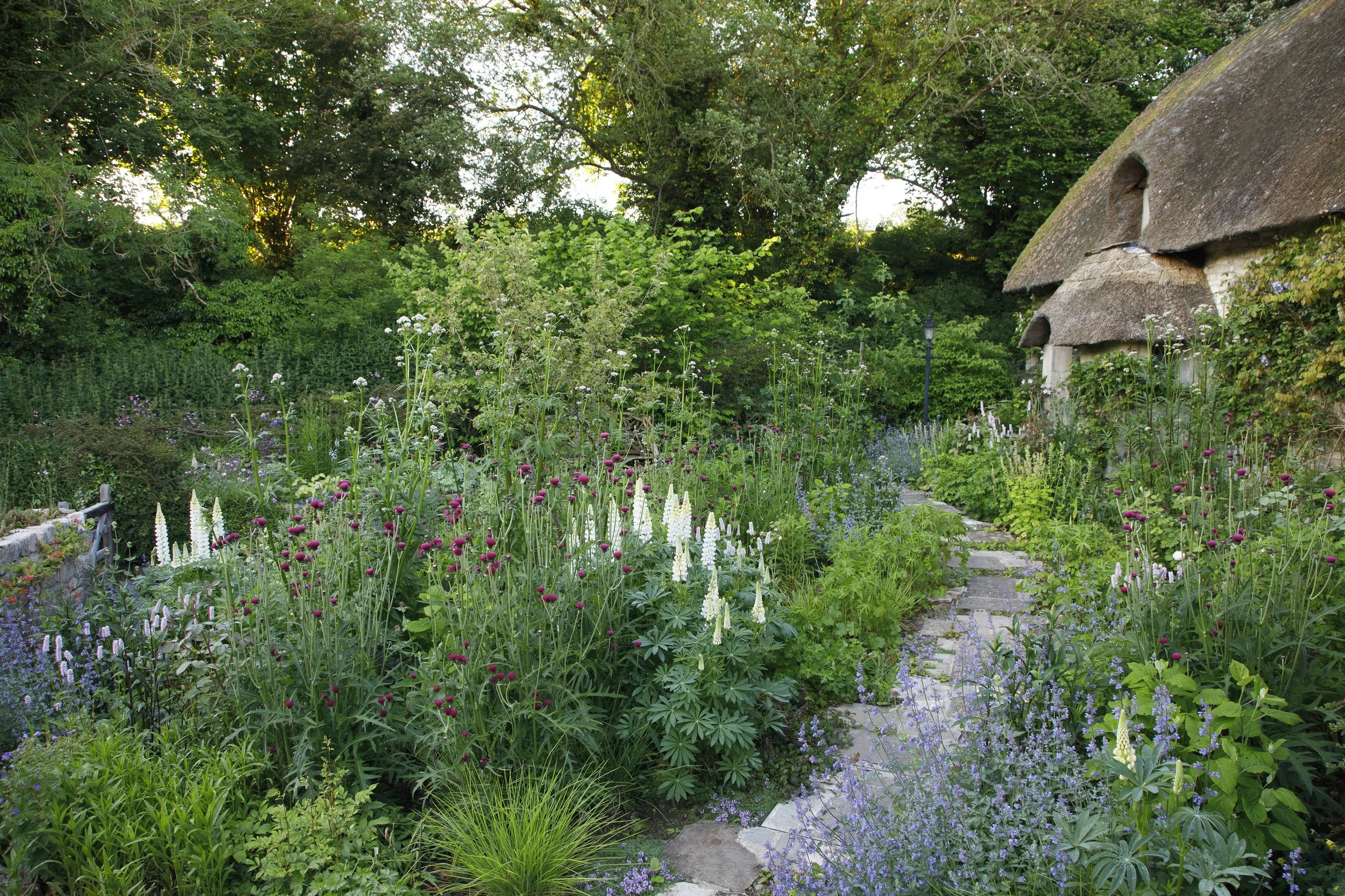 A lush garden with a variety of colorful flowers, a stone pathway, and a thatched-roof cottage surrounded by green trees.