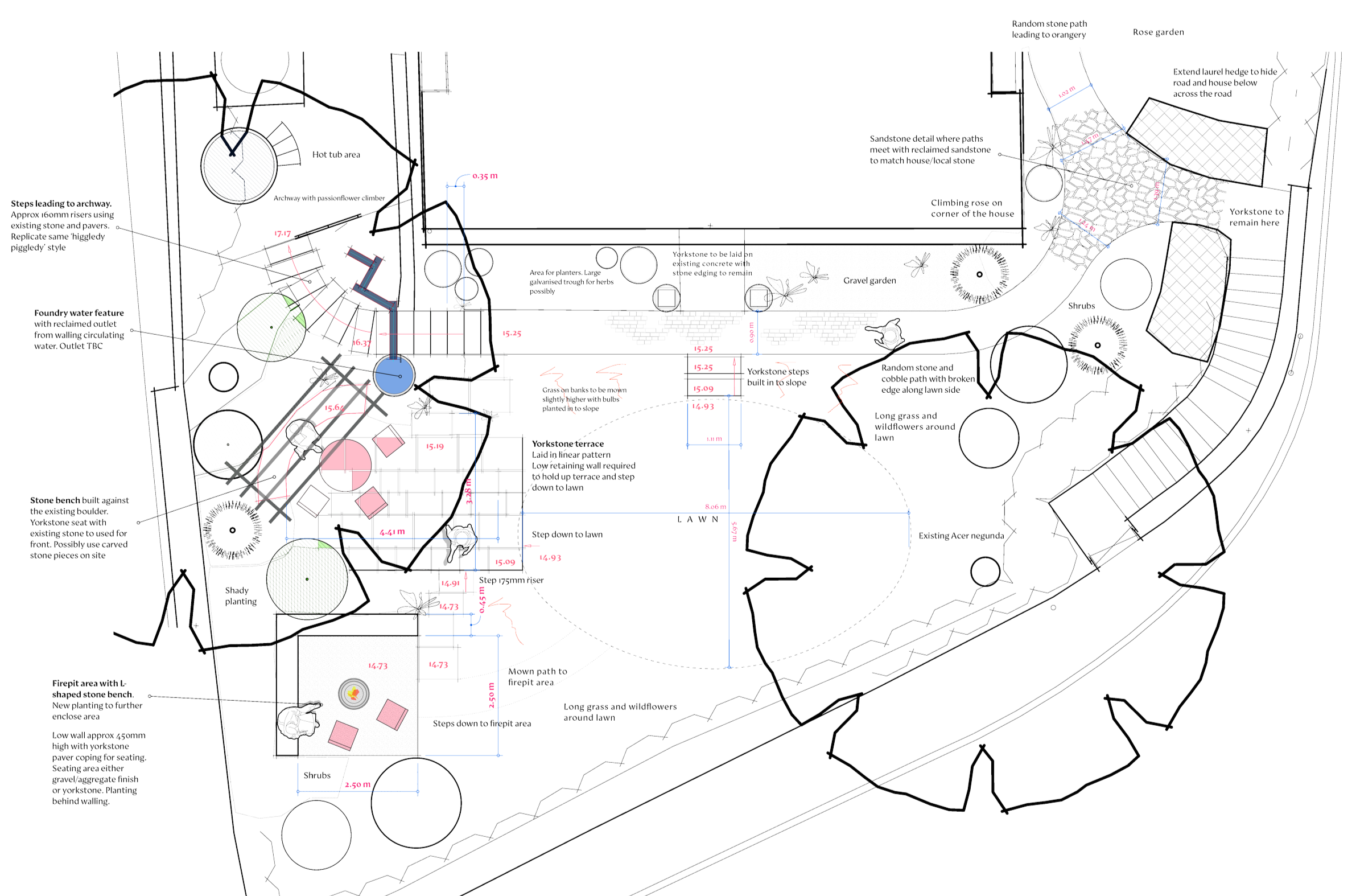A detailed garden design CAD plan with various features labeled, including stone benches, planting beds, shrub areas, a gravel garden, a fountain water feature, pathways, and multiple designated areas for planting