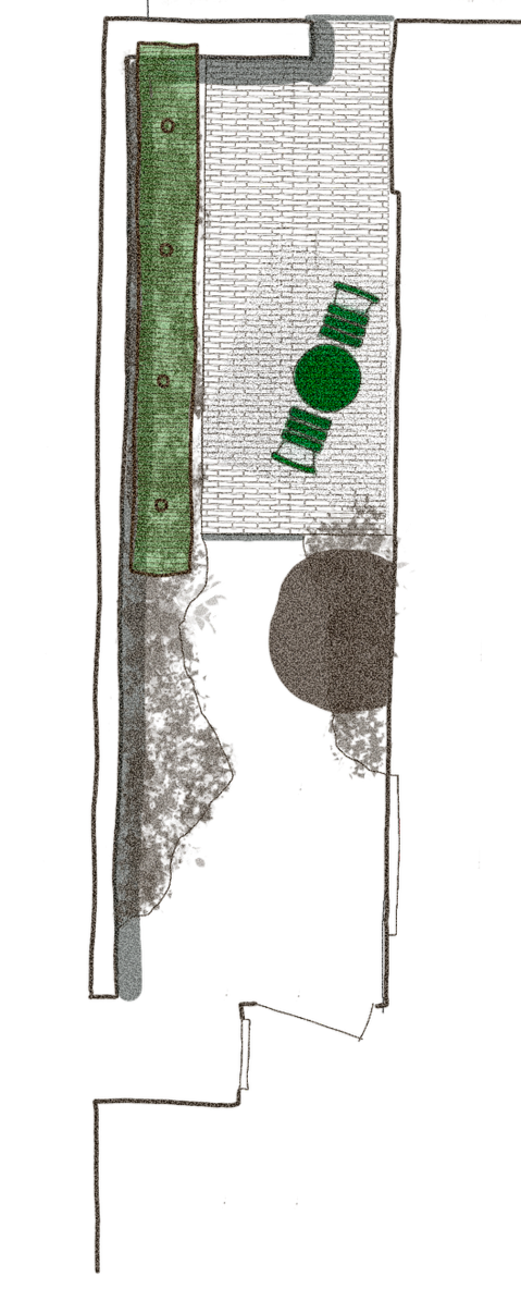 A top-down view of a building with a green lawn, trees, and a parking area. A white sign with a green logo is displayed near the entrance.