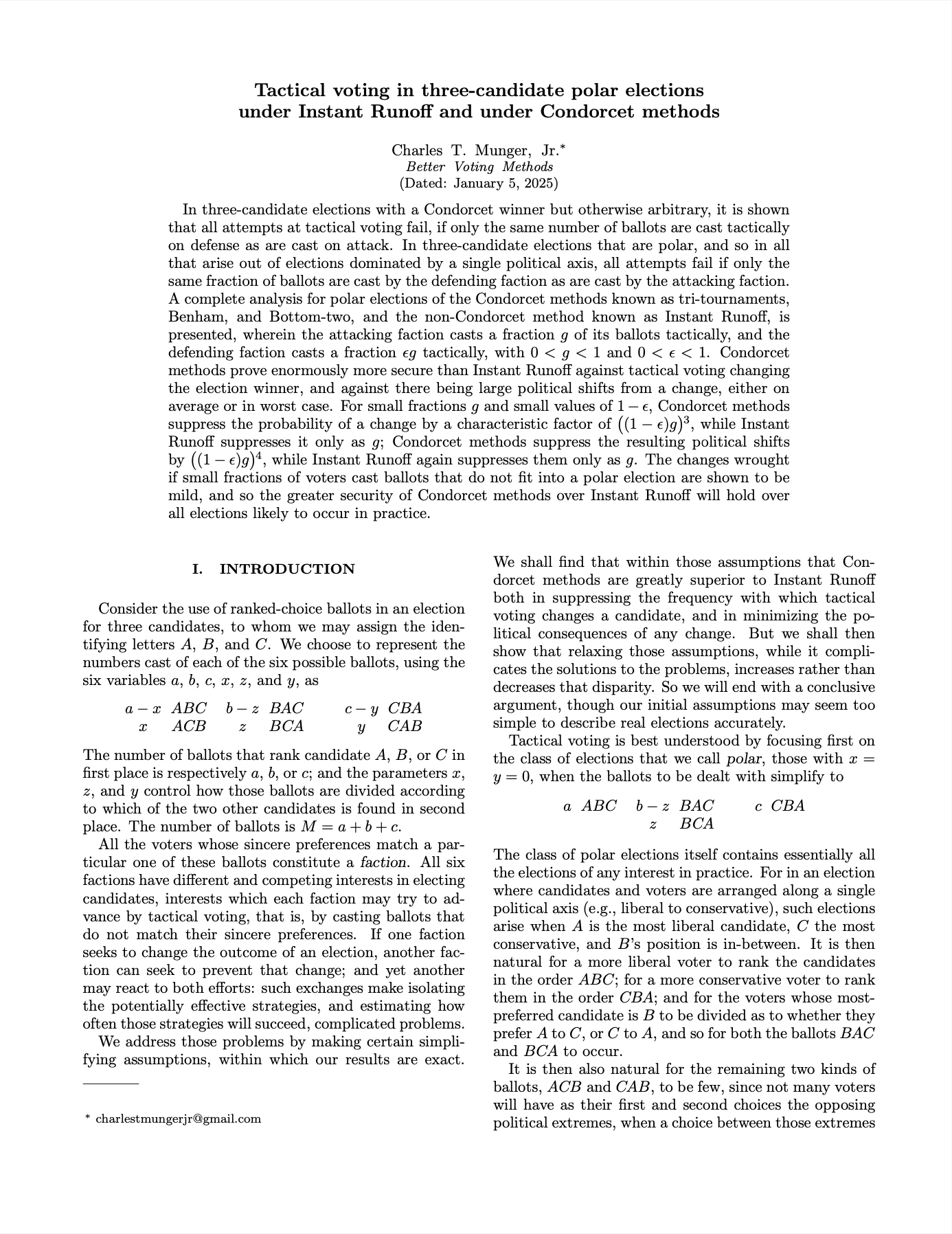 Tactical voting in three-candidate polar elections under Instant Runoff and under Condorcet methods