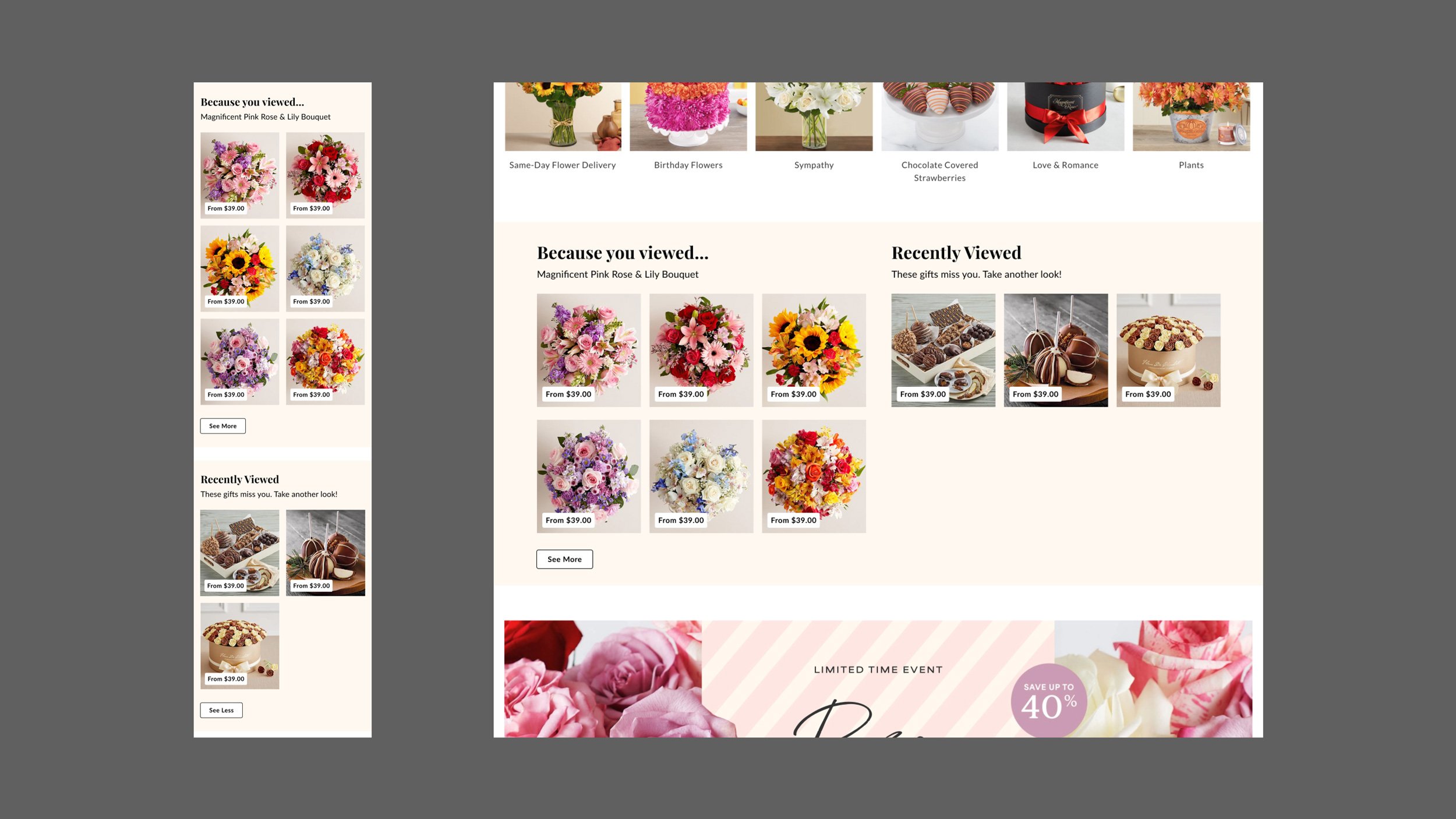 Customer with three recently viewed products clicks See More under the Recommendations Module