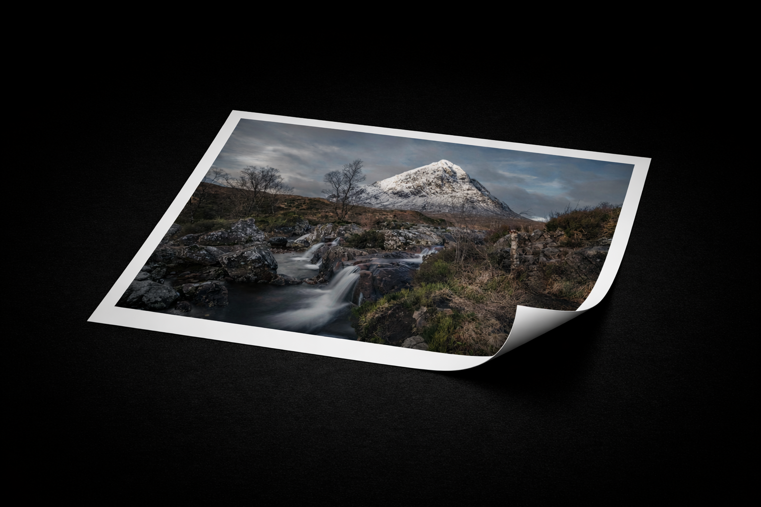 Unframed fine art print of Buachaille Etive Mòr with waterfall, shown with white border on a black background.