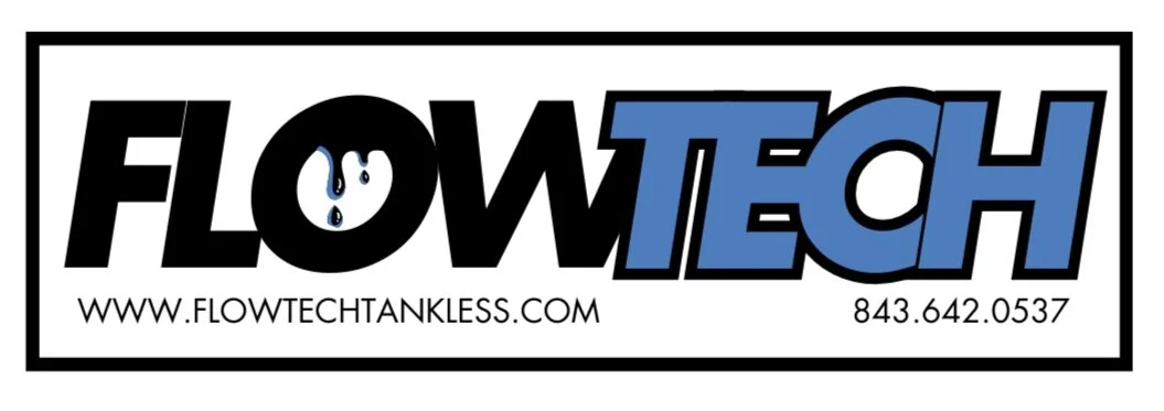 Flowtech Tankless logo with water droplet and contact information