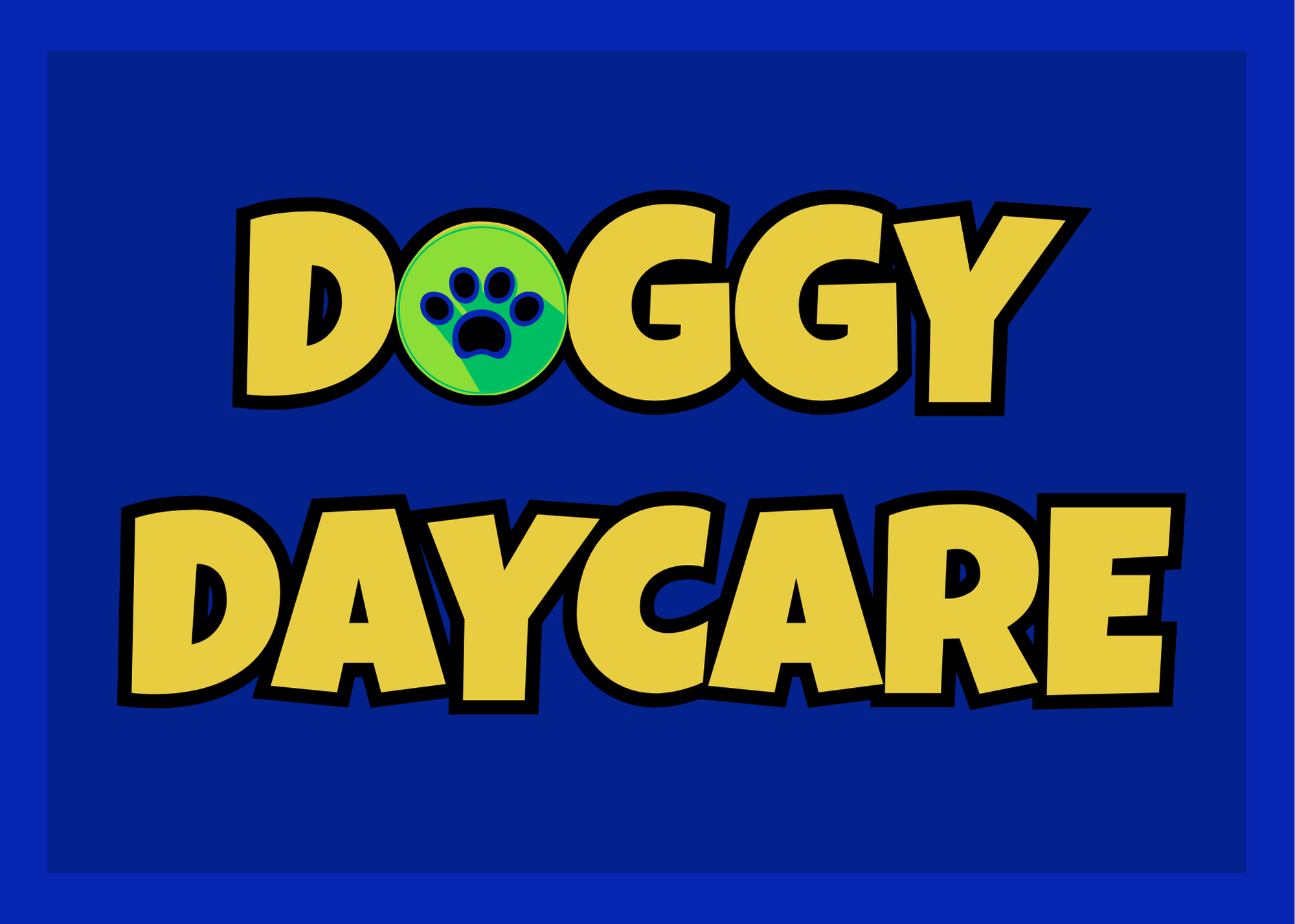 Collage of various dogs in different settings with a blue banner that says "Doggy Daycare" in yellow letters.