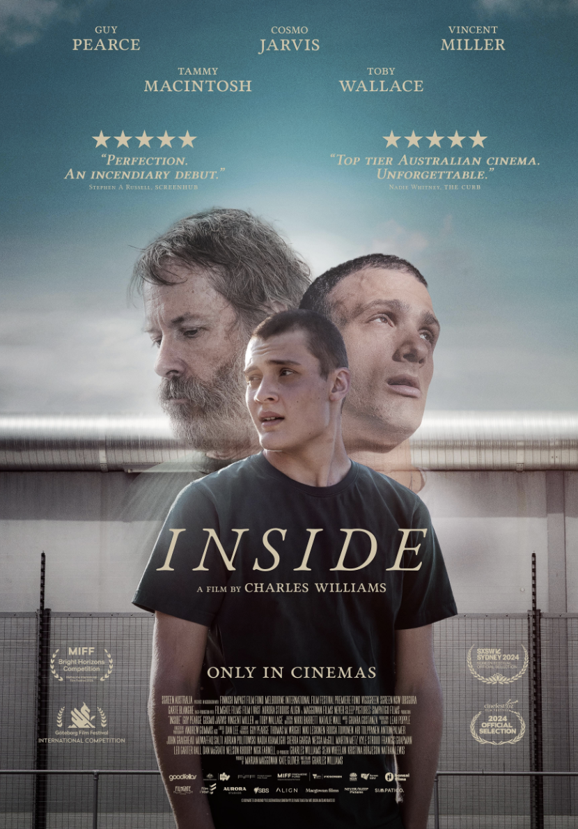 Official theatrical poster for Inside, directed by Charles Williams, starring Guy Pearce and Cosmo Jarvis