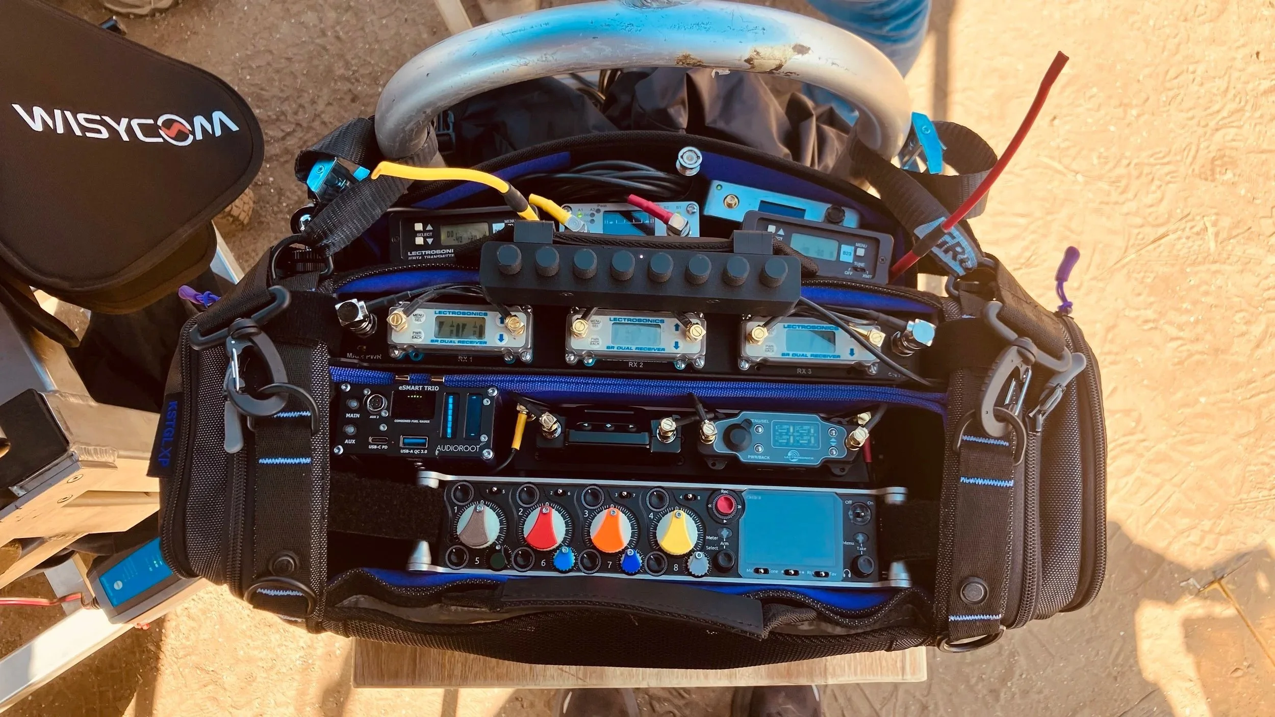 Compact location sound recording rig with wireless transmitters and audio equipment