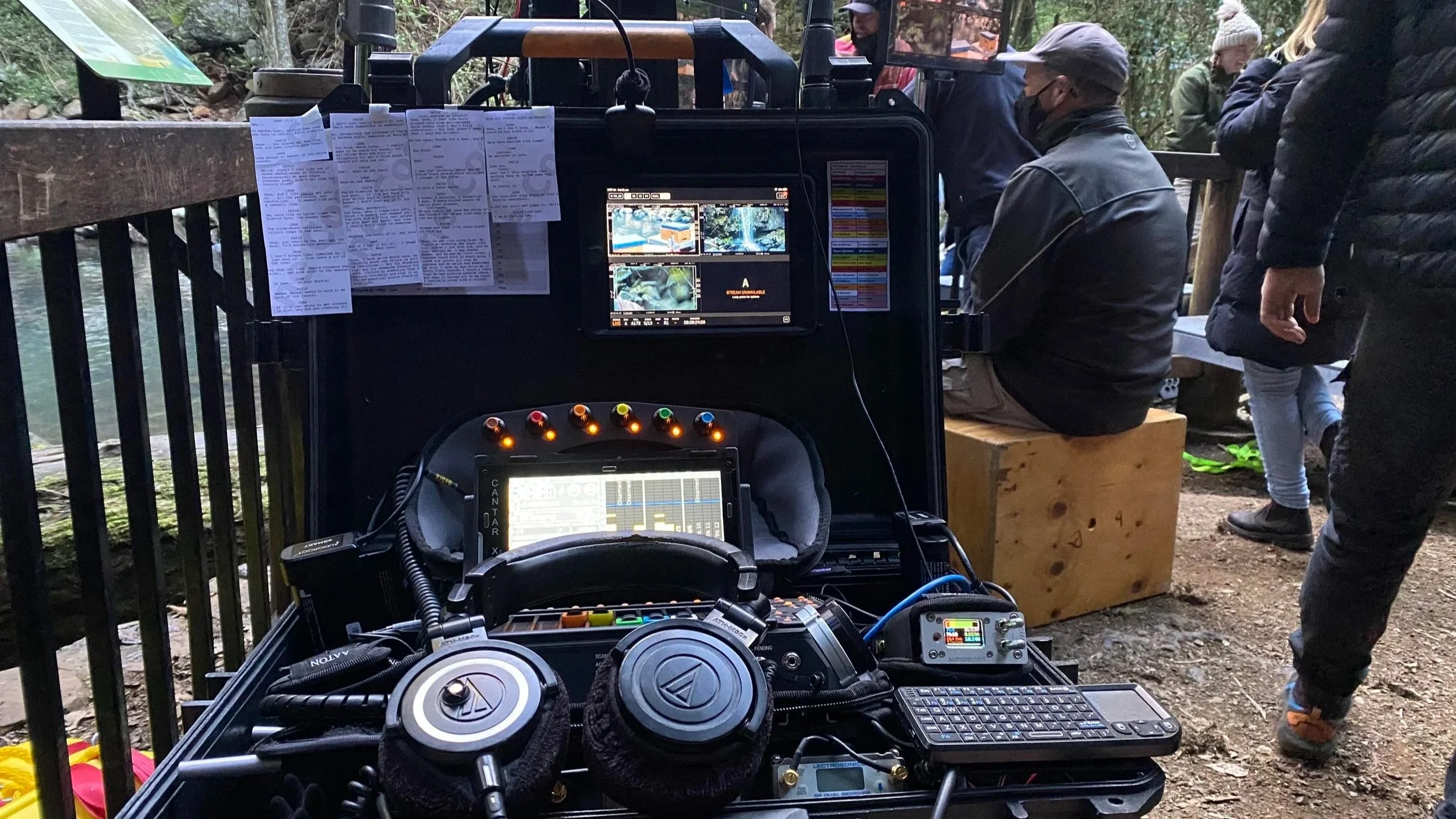 Production sound cart with professional audio mixing equipment on a film set