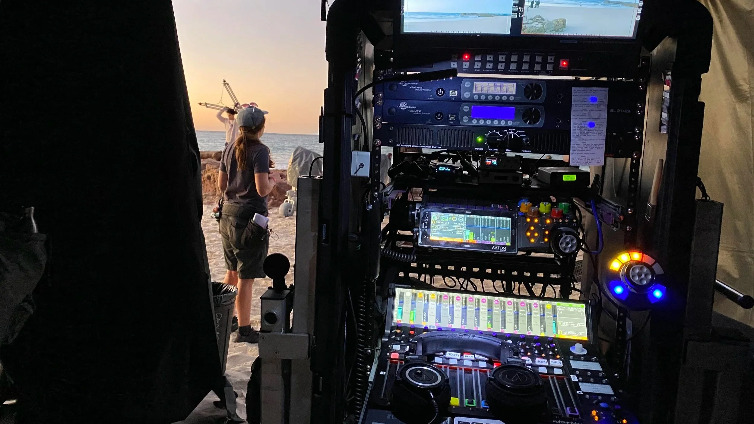 Location sound mixing cart on a beach film set