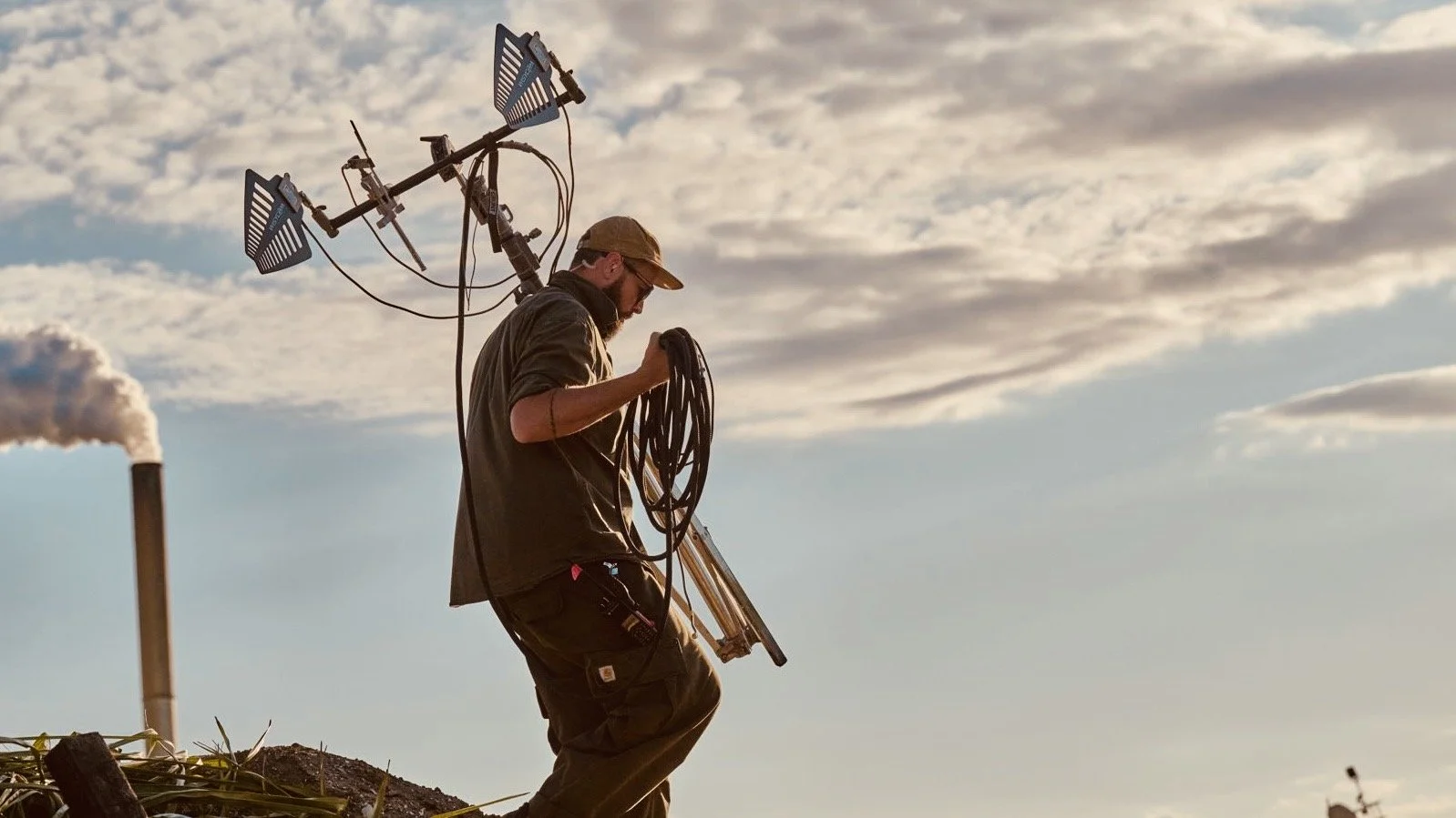Dane getting his hands dirty deploying an antenna system on the feature film Mosquito Bowl.