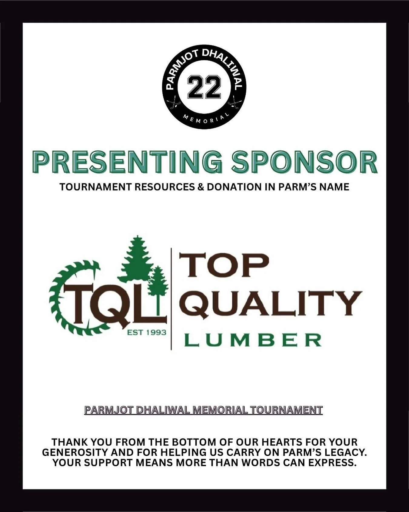 TOP QUALITY LUMBER 🙏🏽
&bull;
We are so grateful for your support and generosity as you play a crucial role in continuing Parm&rsquo;s legacy!
&bull;
#parmdhaliwalmemorial #pd22 #topquality
