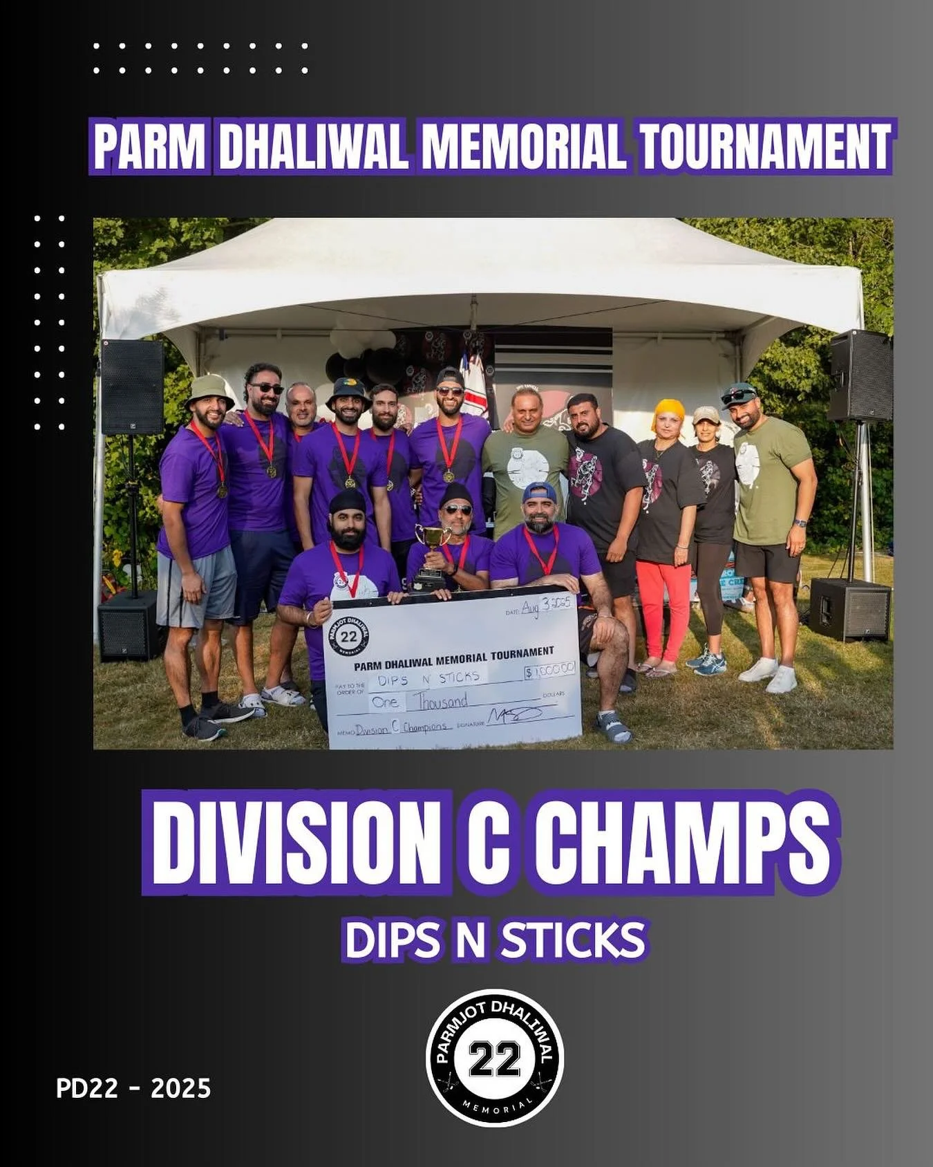 DIV C CHAMPS | DIPS N STICKS 🏆
&bull;
Parm Dhaliwal Memorial Tournament, an event built on the values Parm lived every day: joy, togetherness, &amp; kindness! 
&bull;
This tournament exists because Parm was the kind of teammate, friend, and person w
