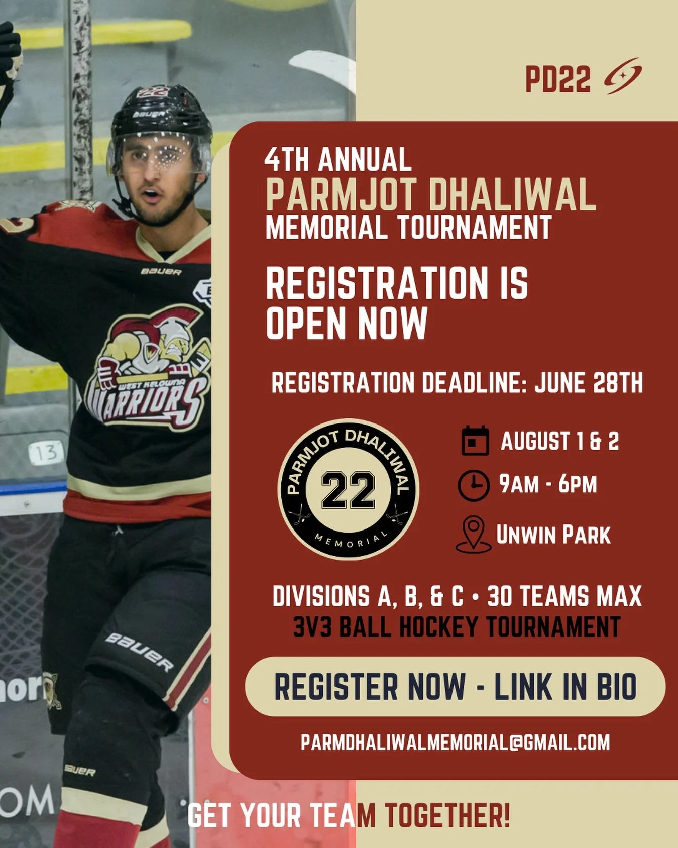 REGISTRATION IS NOW OPEN - LINK IN BIO 🔥
&bull;
The 4th annual Parm Dhaliwal Memorial 3v3 ball hockey tournament - August 1st &amp; 2nd at Unwin Park in Surrey, BC!
&bull;
We look forward to another weekend full of good hockey, laughs, and rememberi