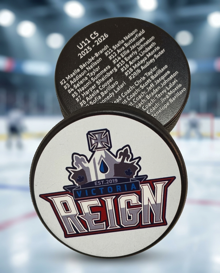 Victoria Reign hockey team uv printed hockey puck with team roster on the backside