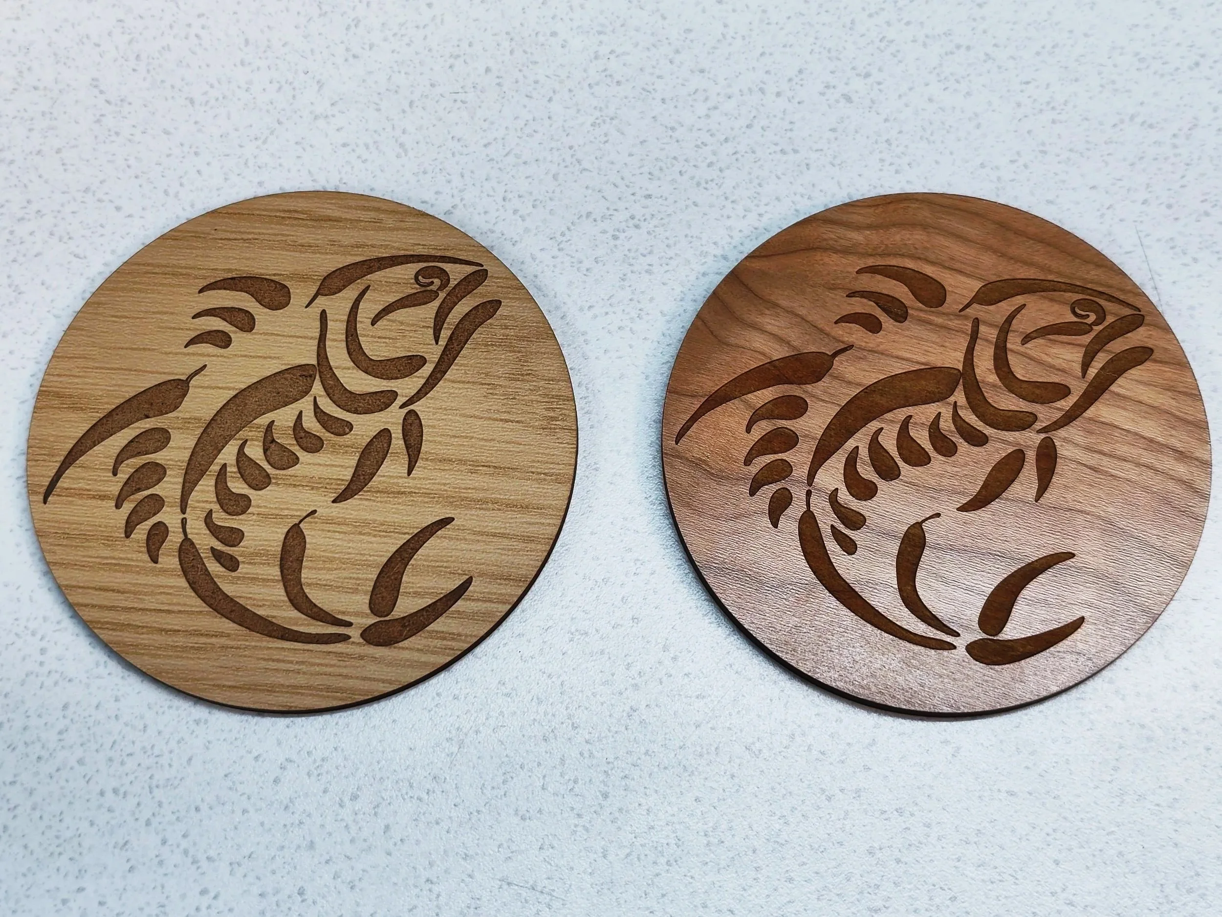 Truflat prefinished Oak and Cherry wood laser engraved coasters