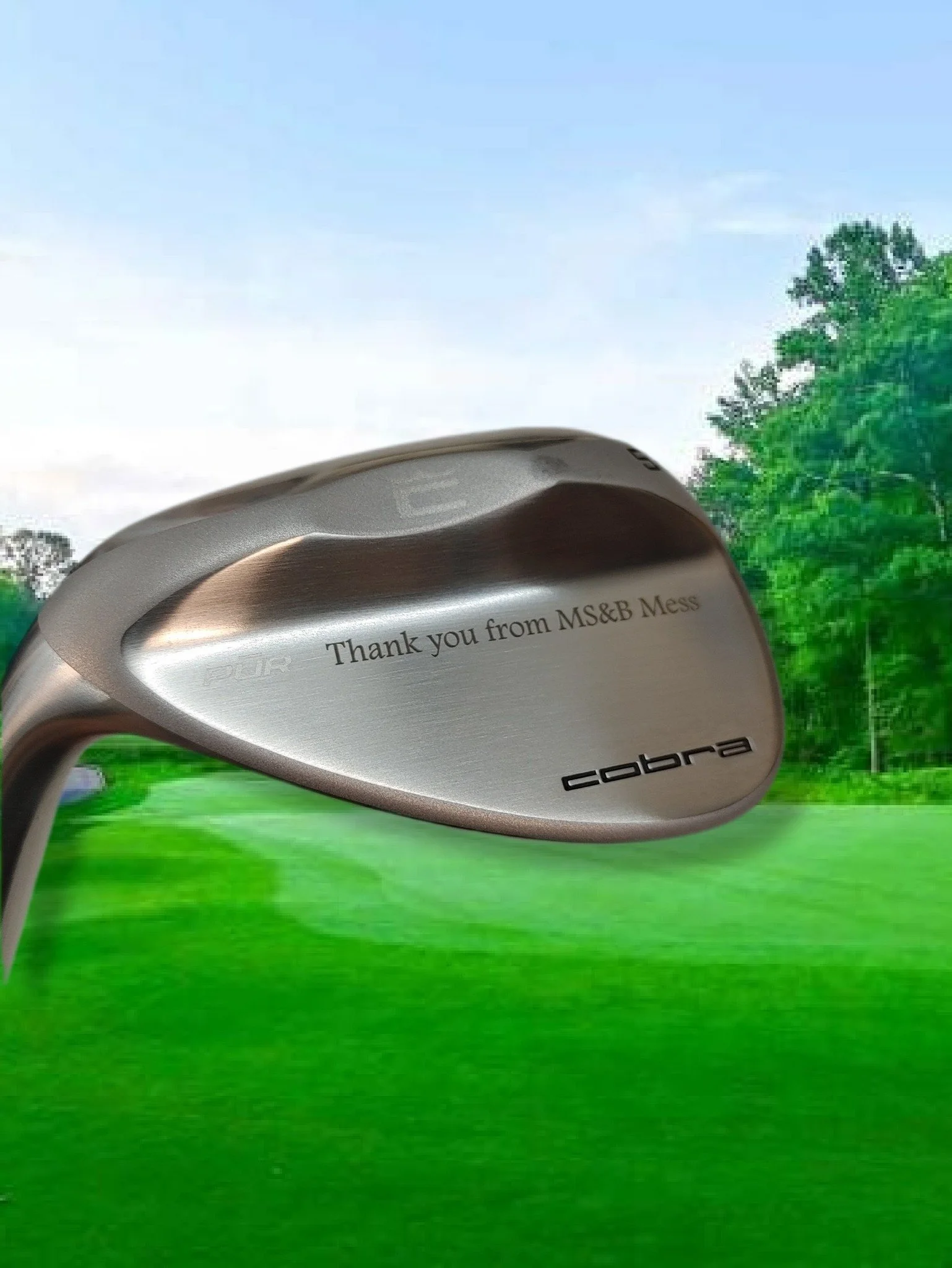 peronalized laser engraved text on backside of golf club wedge