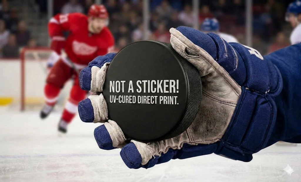 uv printed hockey puck in a hockey glove