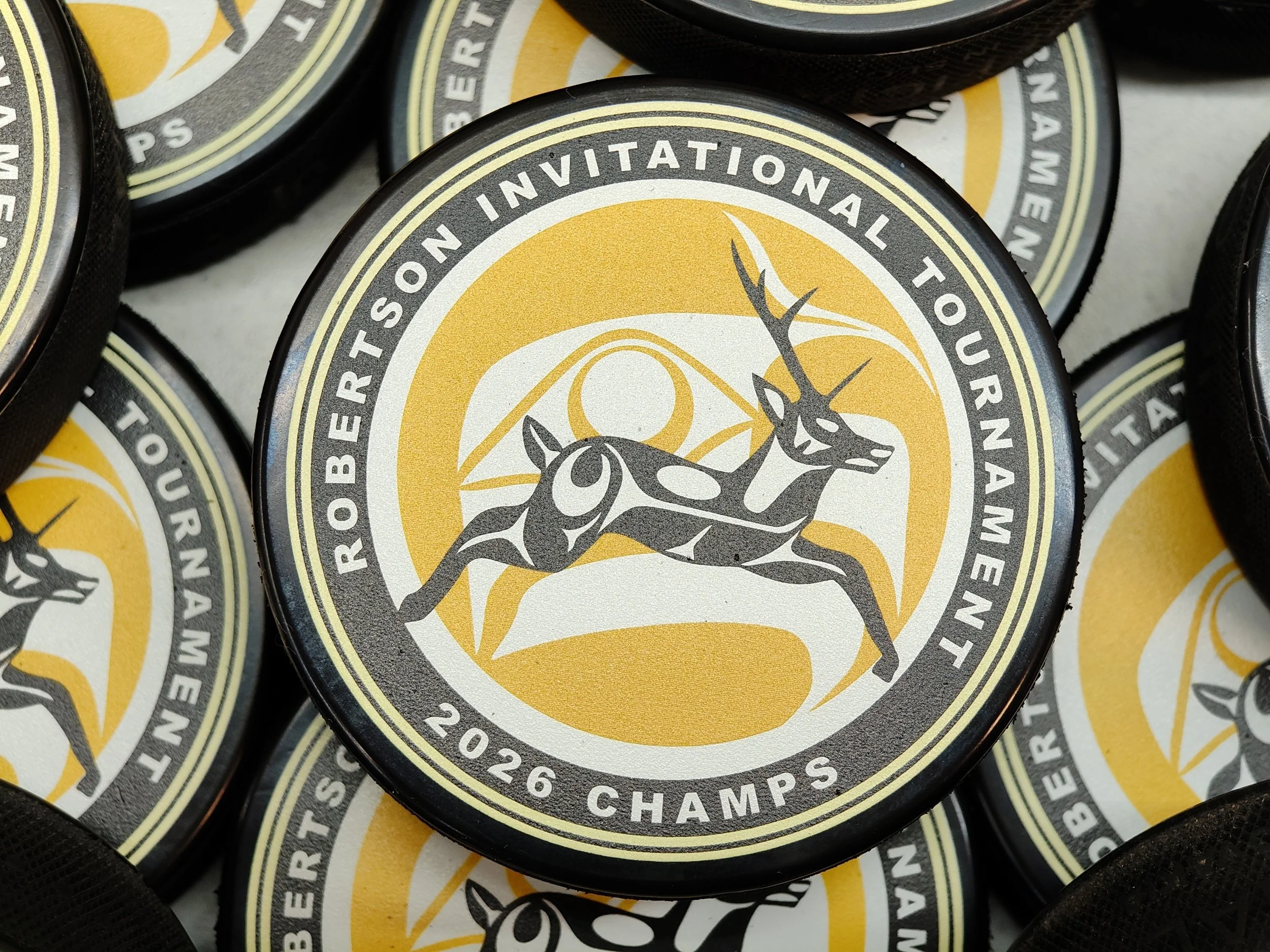 Hockey puck with "Sticks & Bones Summer Hockey" logo