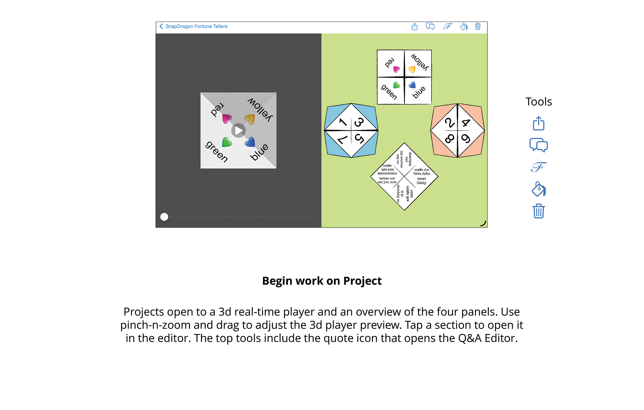 SnapDragon Fortune Tellers projects open on page with 3d real-time player