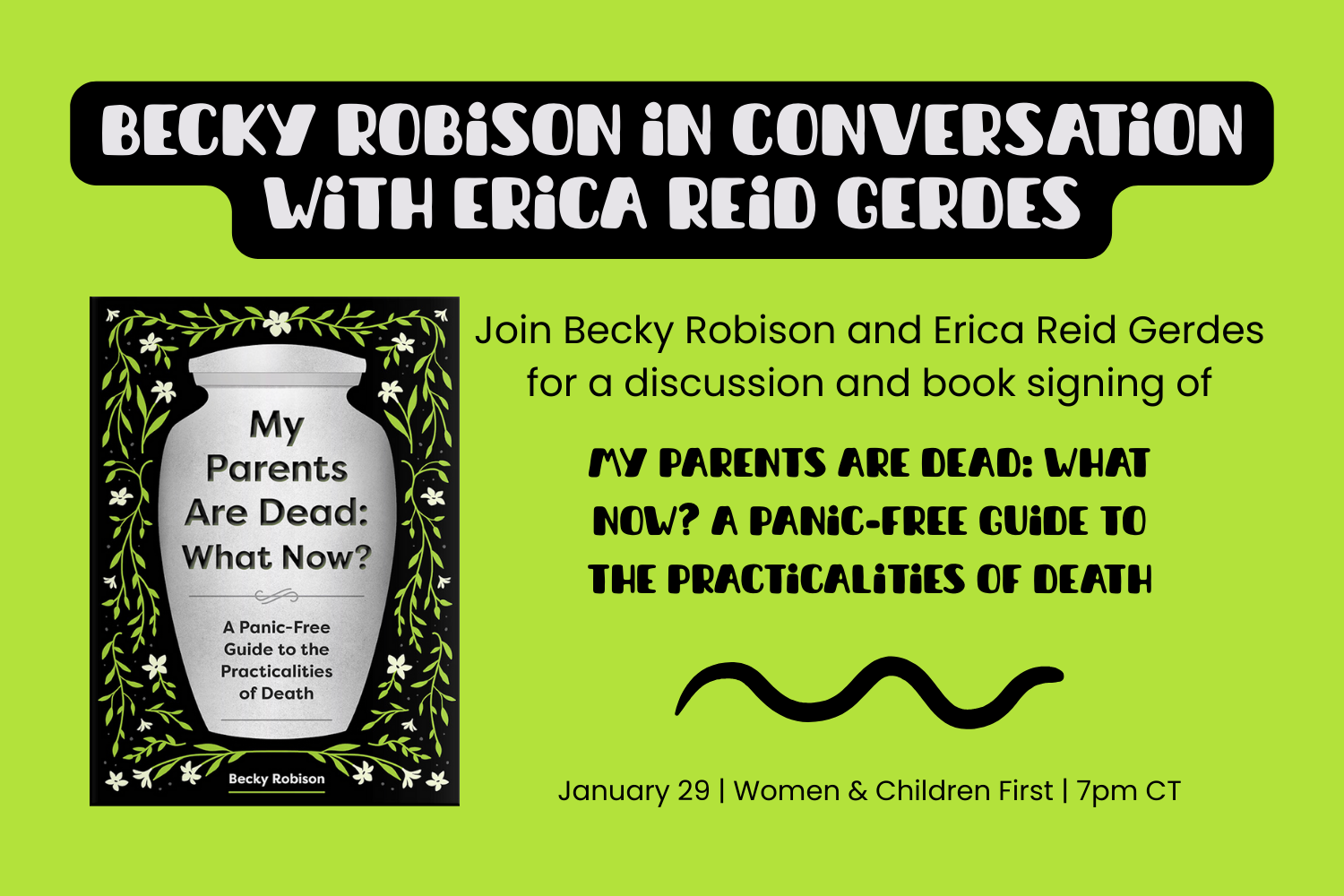 Black text on a lime green background advertises a book reading and signing at Women & Children First in Chicago on Jan. 29 at 7pm