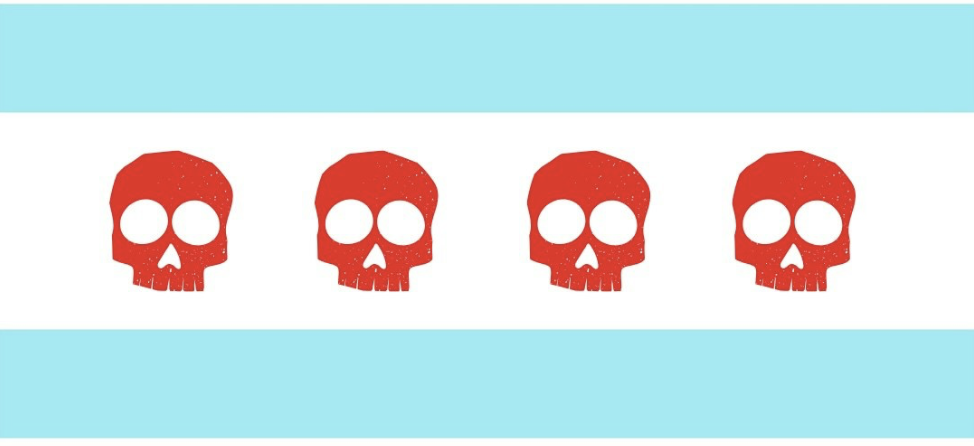 Four red skulls appear on a white line between two light blue lines
