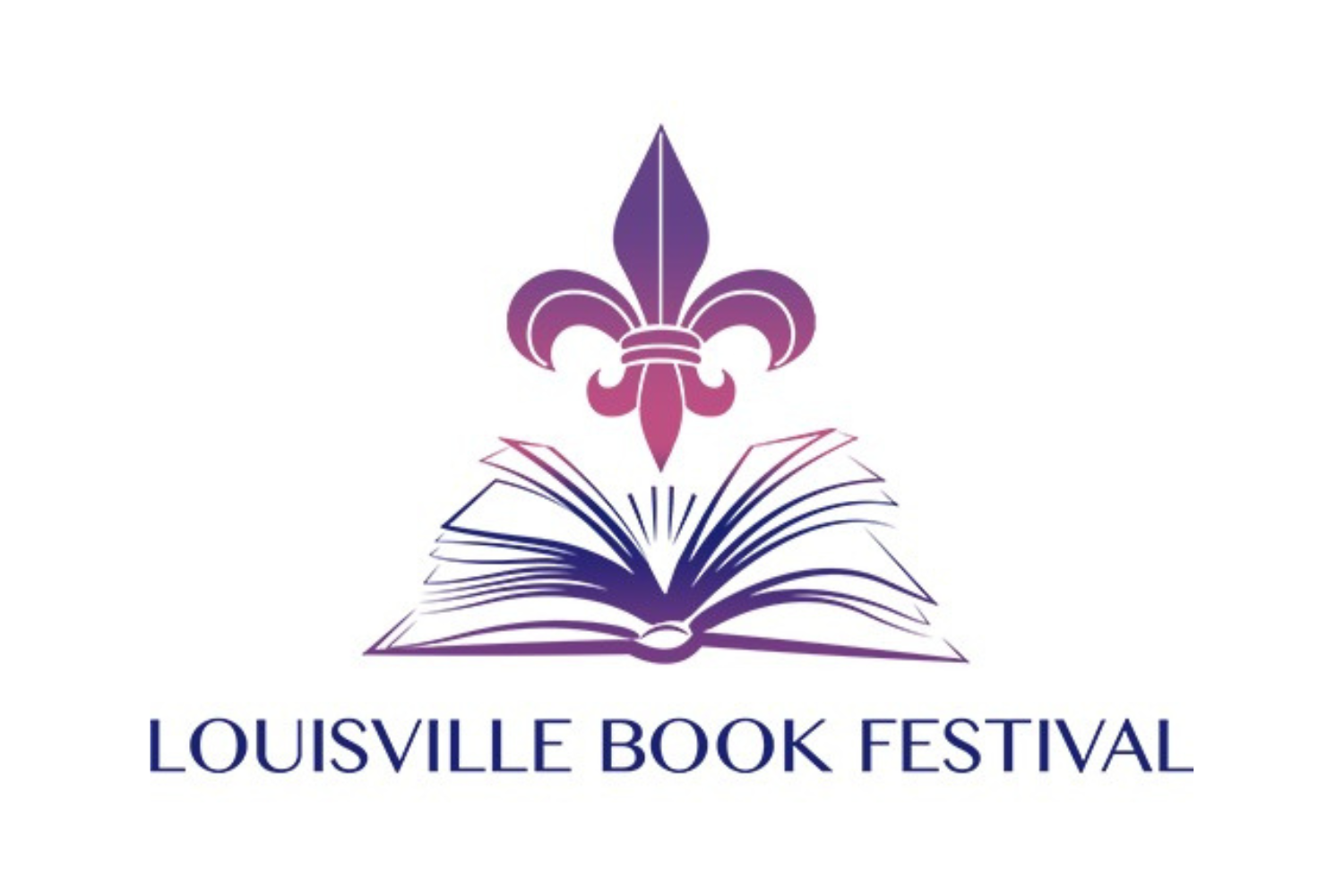 A blue and purple logo for the Louisville Book Festival, featuring a fleur-de-lis over an open book, sits on a white background
