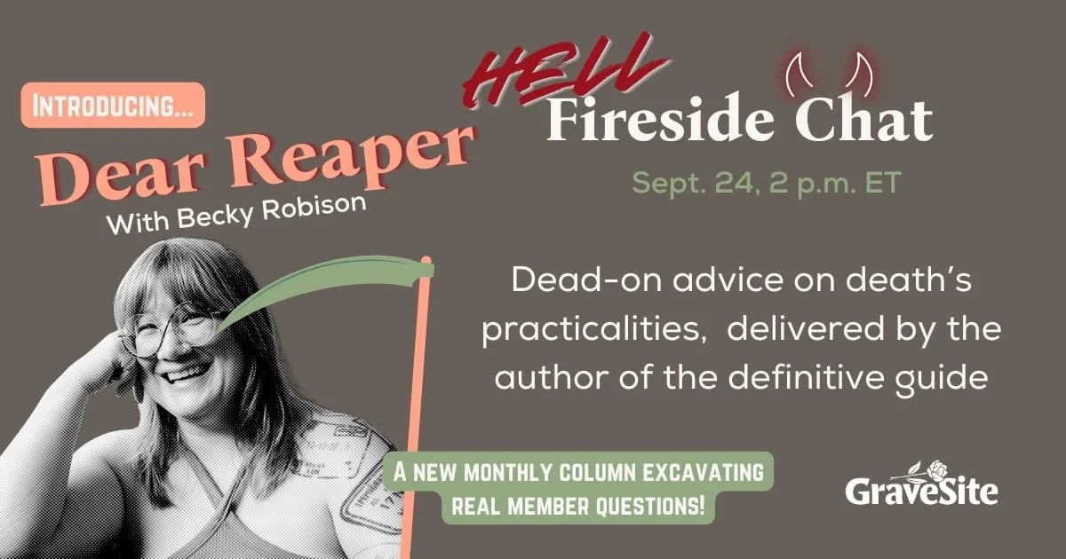 An image of a smiling woman holding a reaper's scythe. Text advertises a HellFireside Chat with GraveSite's new advice columnist, Becky Robison, on September 24 at 2pm ET.