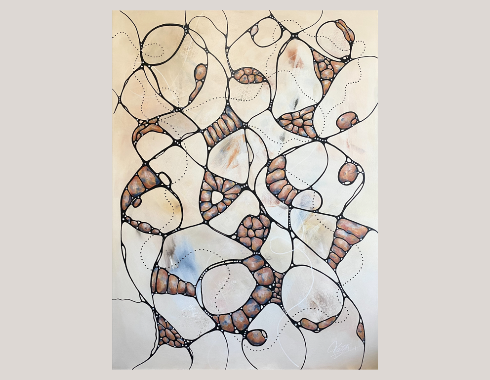 Artist: Kath McCann. Title: The Paths We Take. Media: Acrylic on Canvas. Size: 120cm x 90cm. "This work combines my signature style 'neurodoodles' and the concept of viewing the world from above. It represents the many paths our life journey takes us