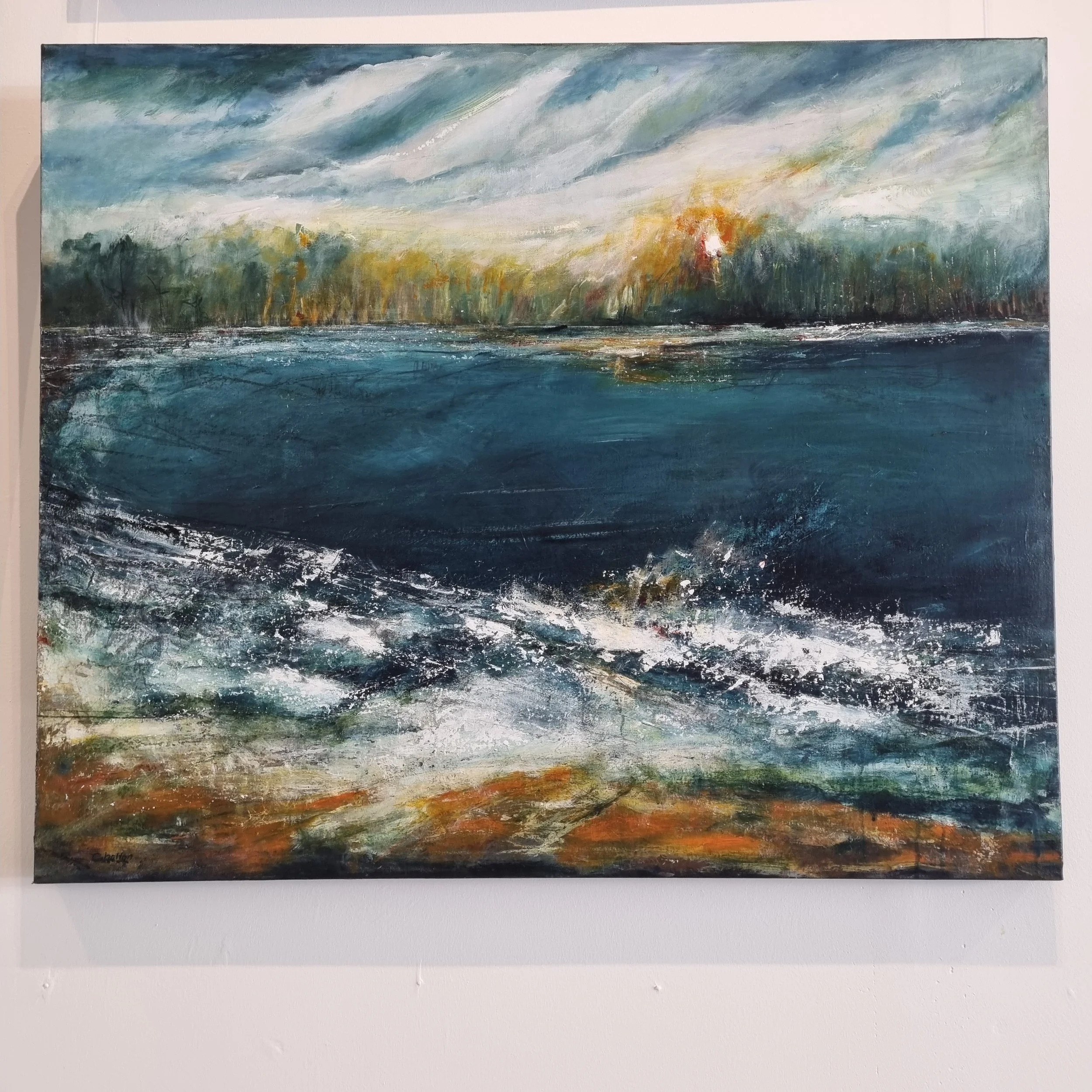 Artist: Coralie Bolton. Title: Wild South Coast. Materials: Acrylic and Charcoal on Canvas. Size: 74cm x 91cm.
"With Brush Strokes, colour and charcoal marks, this piece demonstrates my strong connection to the sea."