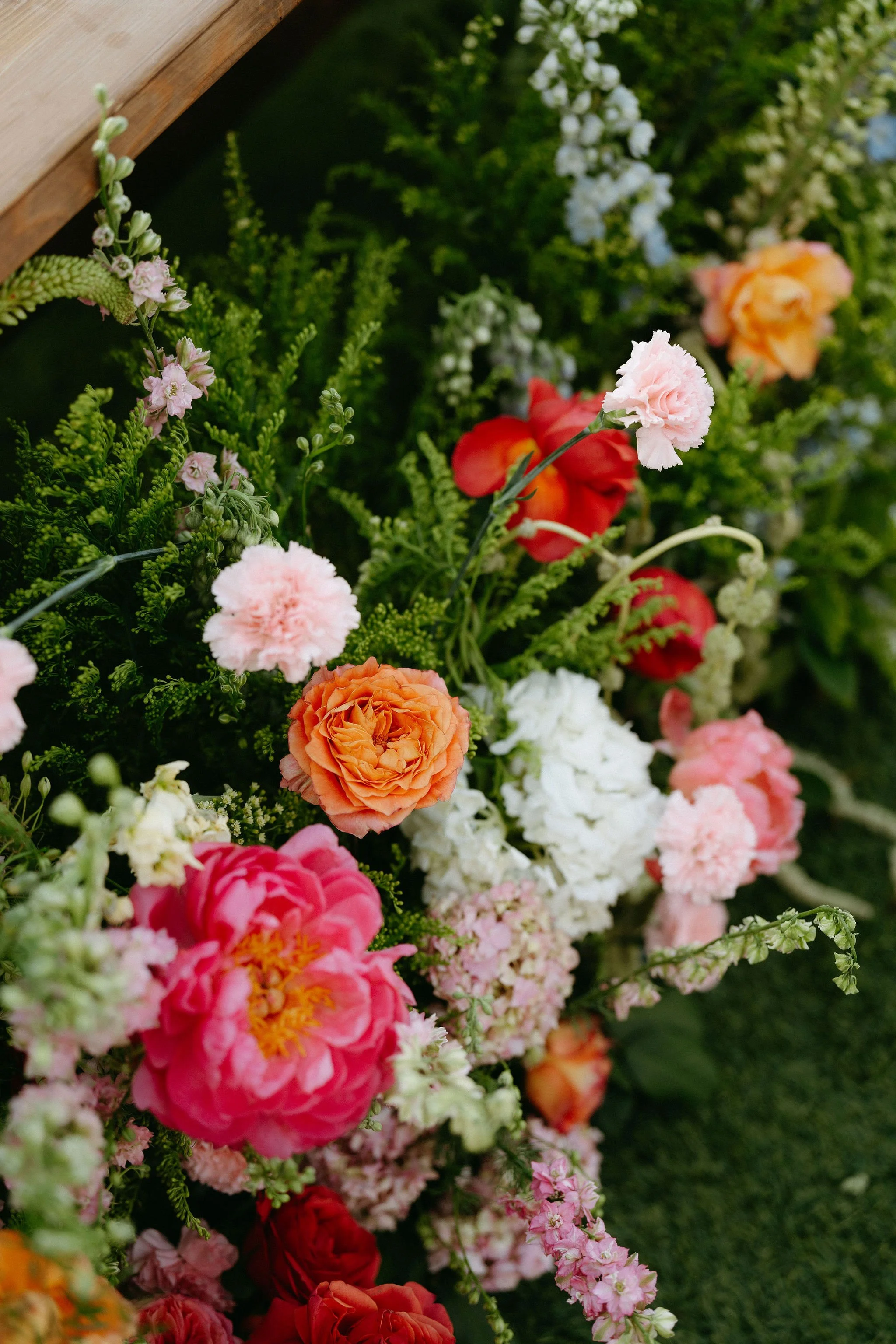A variety of colorful flowers including pink, orange, red, and white blossoms arranged together with greenery background.