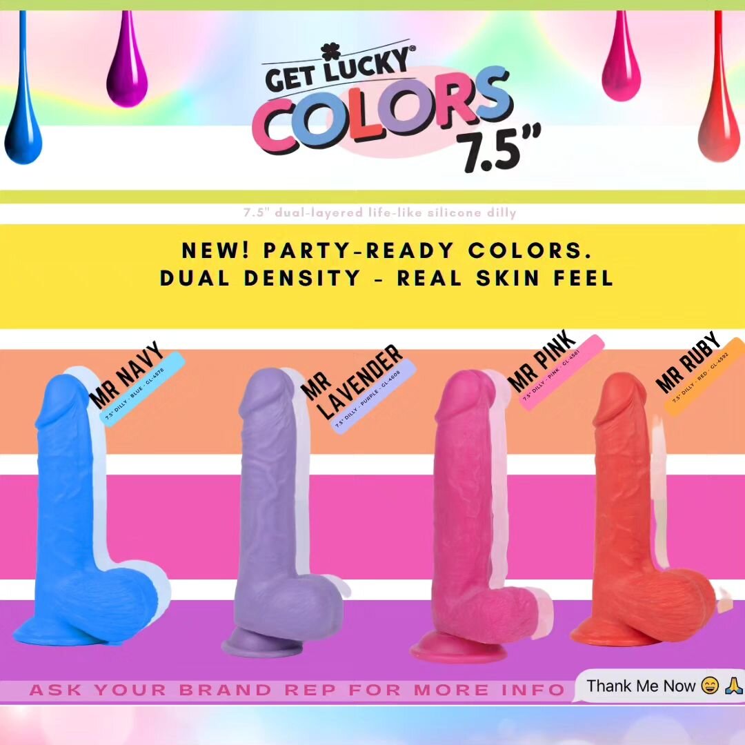 🌈 We're proud to announce the release of Mr. Colors, new from our Get Lucky line.  7.5&quot; of flexible firmness, lifelike feel and shape, in expressively loud colors that are perfect for parties, music festival season, and yes,  Pride!

✨️ For our