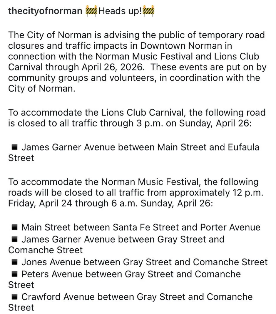 @normanmusicfestival is this weekend, and due to road closures Mister Robert will be closing at 2:00pm Friday, April 24th and CLOSED Saturday, April 25th. They will begin to close Main St. early on Friday, but you can still visit us after its closure