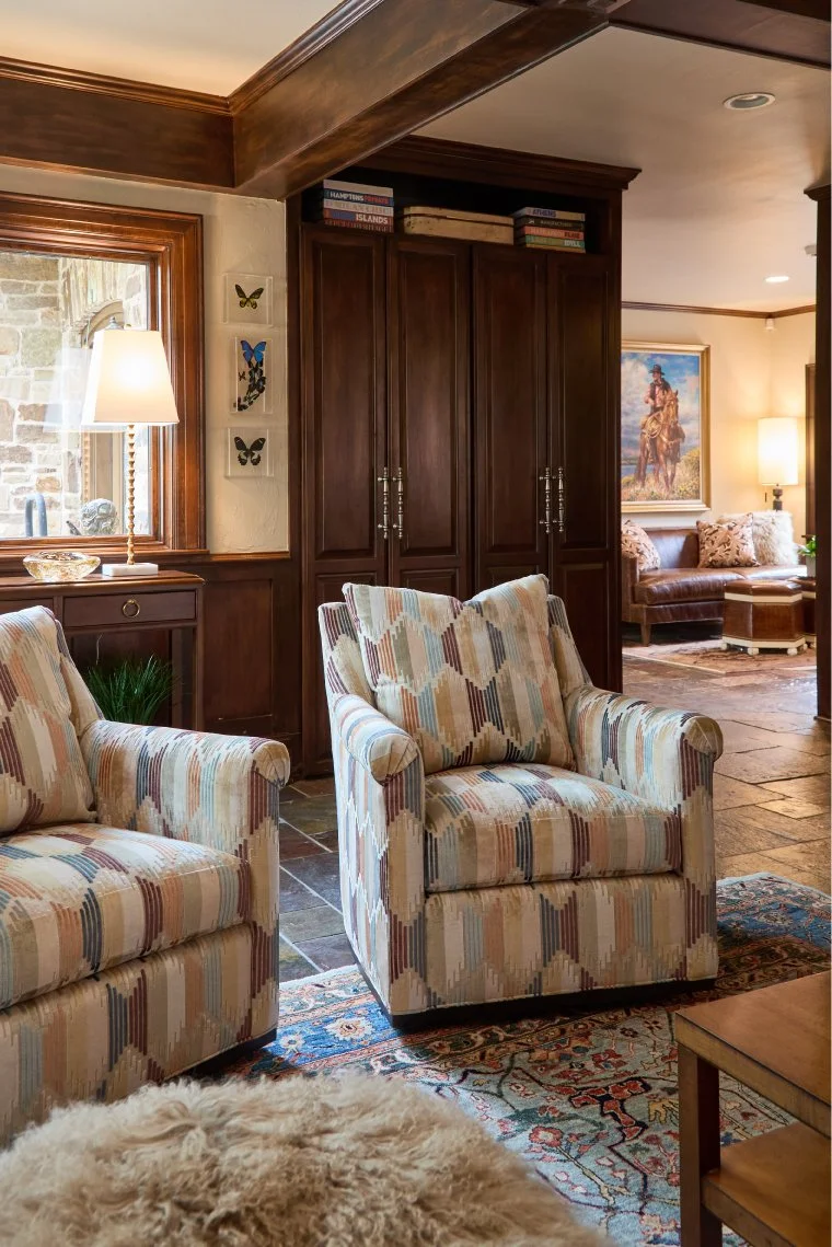Swivel Chair, Wesley Hall, Massoud ottoman, transitional living, contemporary fabric