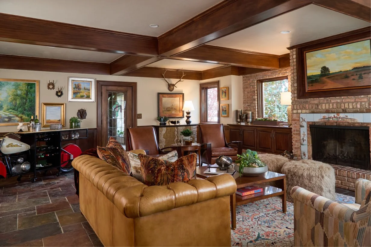 Hancock and Moore, Chesterfield sofa, Hickory Chair coffee table, Original art, Hand knotted rug, transitional style, exceptional interior design