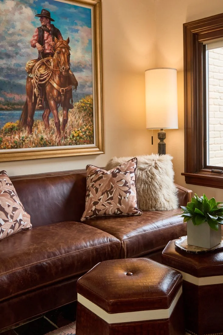 Massoud Sofa, Leather settee, Corey Damen Jenkins, Corey Damen Jenkins ottoman, Original Western art, Transitional western design.