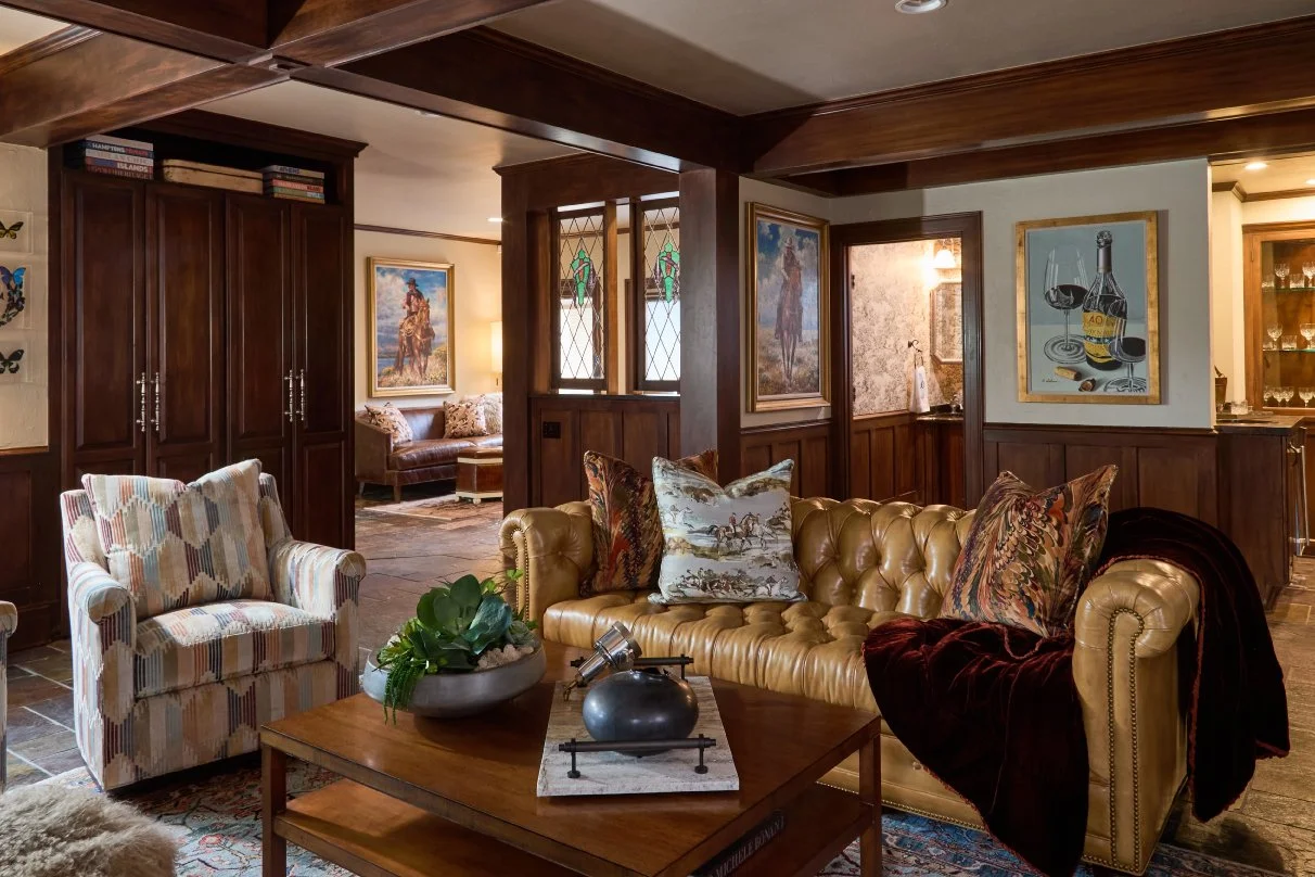 Chesterfield sofa, Hickory Chair coffee table, Original art, Hand knotted rug, transitional style, exceptional interior design, Hancock and Moore