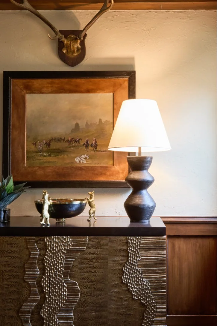John Richard, Contemporary cabinet, modern lamps, transitional styling, Maitland smith accessory.