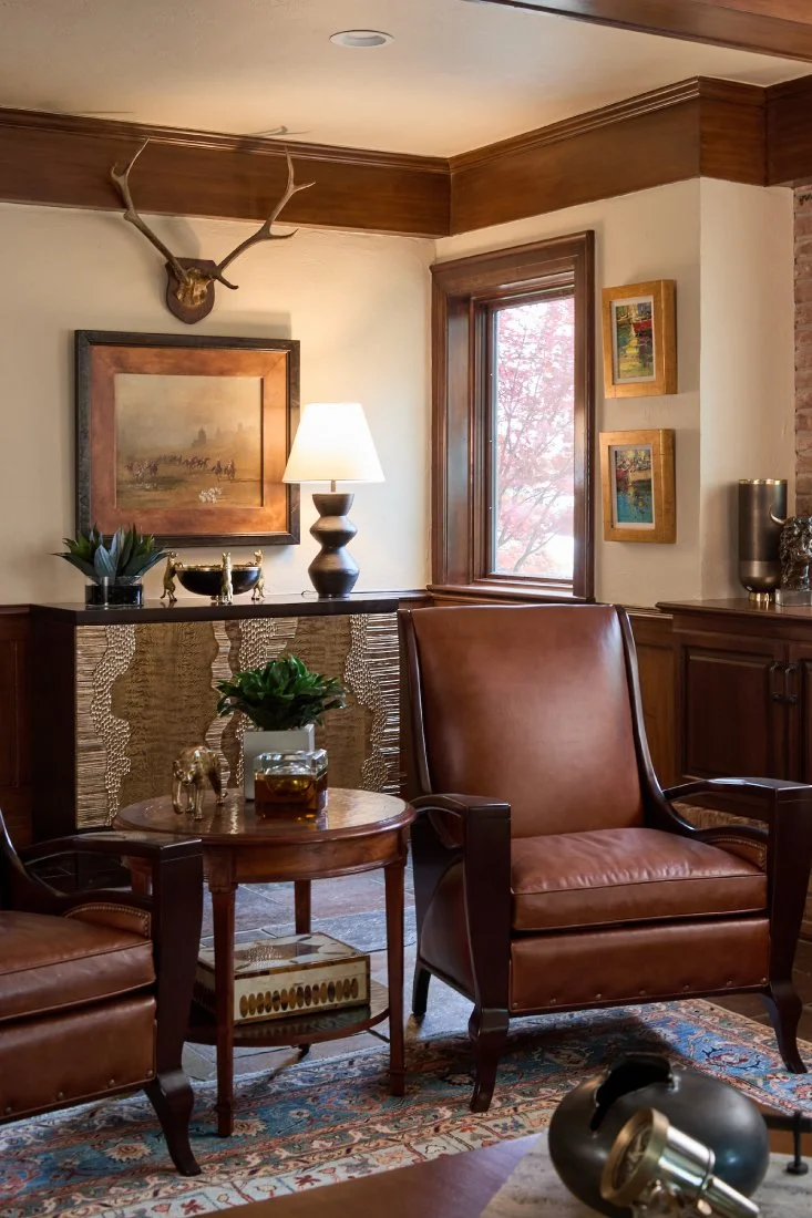 Hancock and Moore chair, Top grain leather, John Richard Cabinet, transitional living,