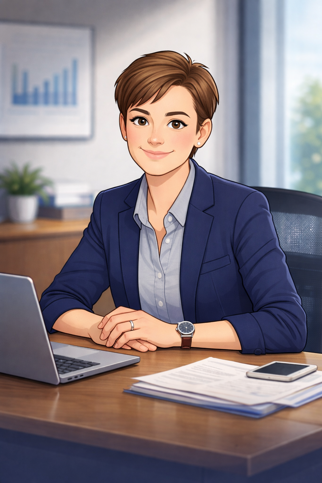 Illustration of a professional woman sitting at a desk with a laptop, papers, and a smartphone.