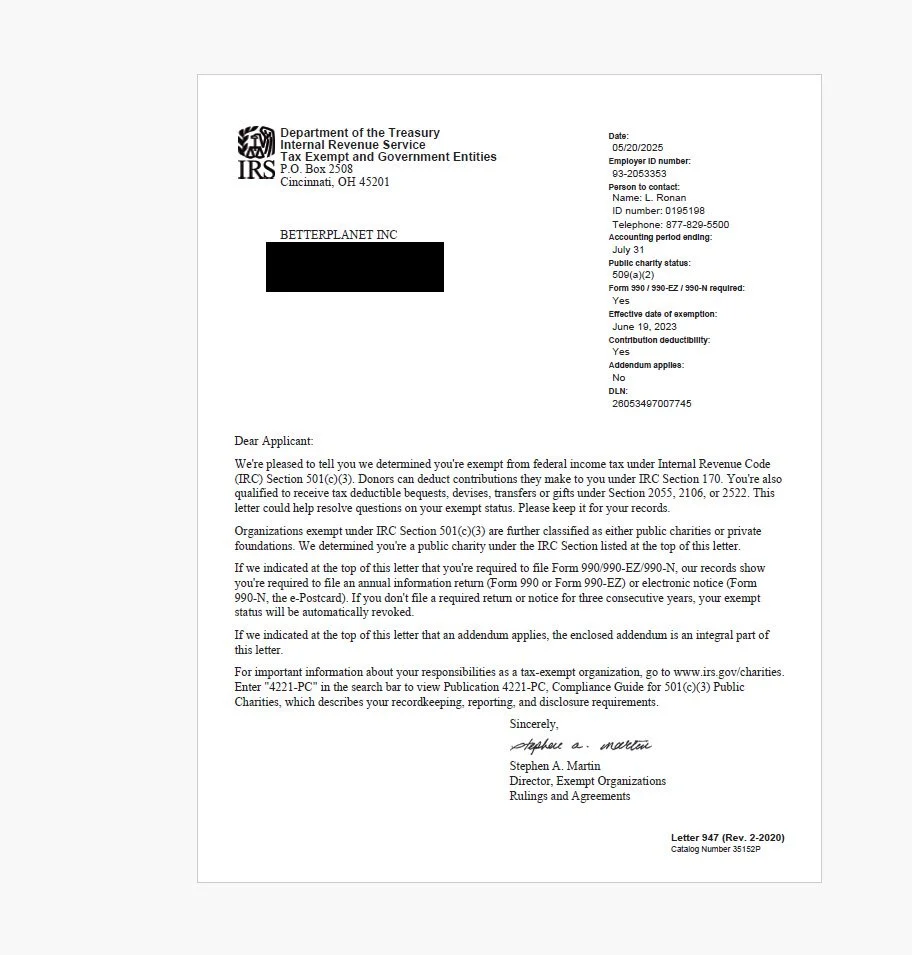 IRS 501(c)(3) Status Finalized!