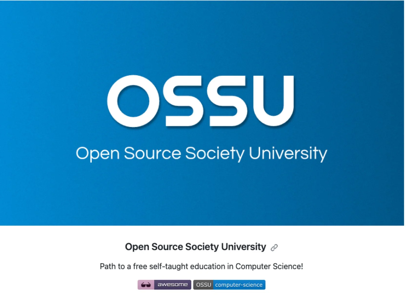 Open Source Society University logo and tagline for free self-taught computer science education on a blue background.