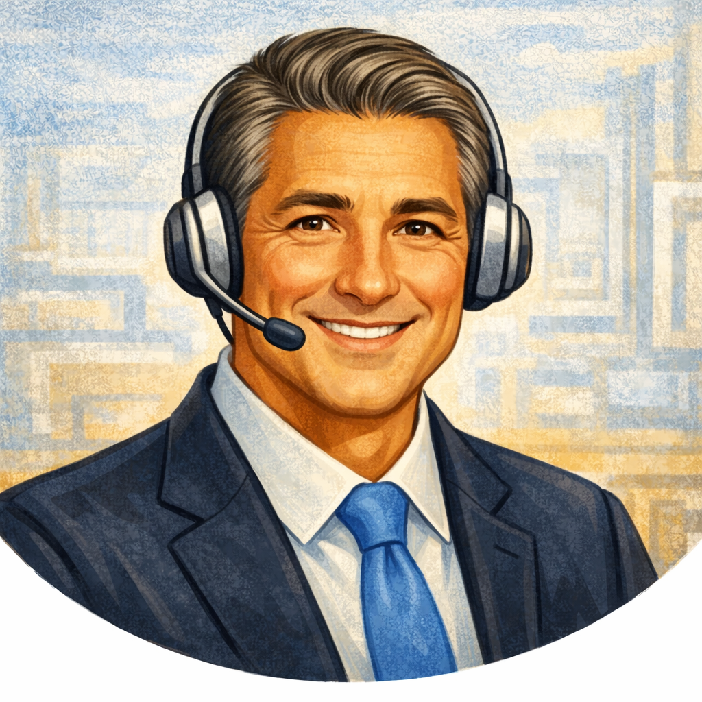 Digital illustration of a smiling man in a suit with a blue tie, wearing a headset with a microphone, against a patterned background.