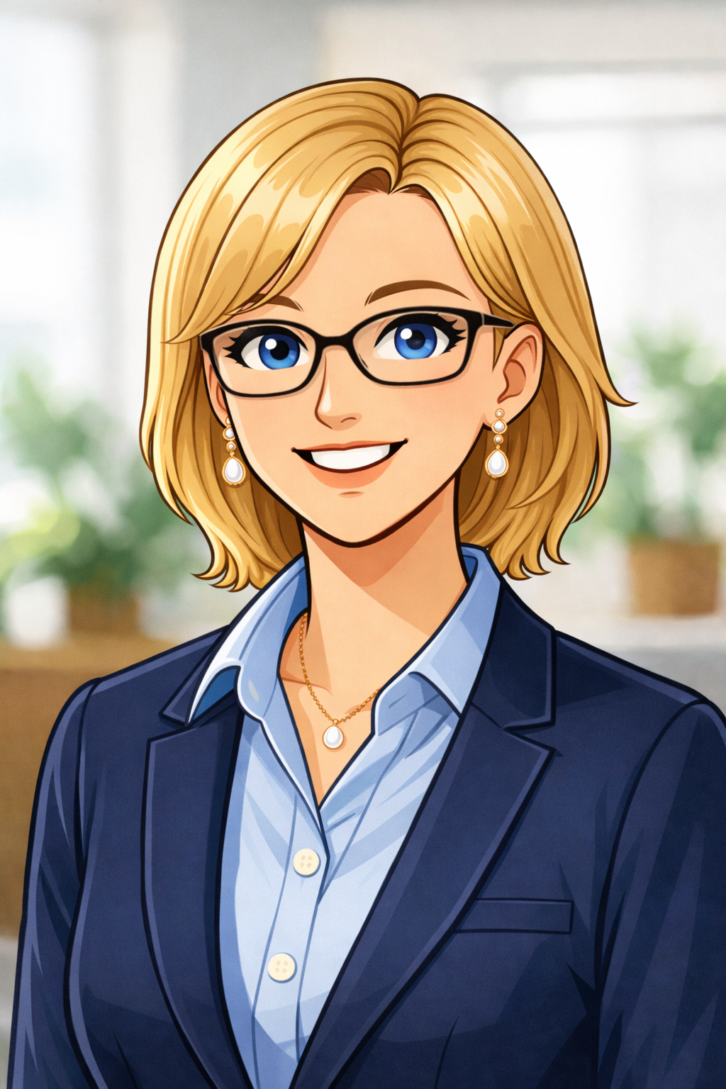 Animated professional woman with blonde hair, glasses, blue eyes, wearing pearl earrings, a necklace, and a navy blazer, in an office-like setting with plants in the background.