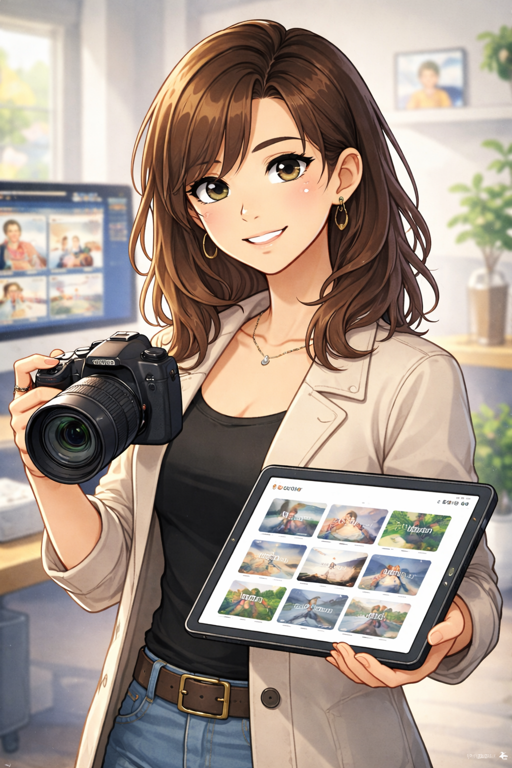 An animated woman with brown hair, wearing a beige jacket and black shirt, holds a camera in one hand and a tablet displaying photo thumbnails in the other, standing in a bright room with a computer monitor, window, and framed picture in the background.