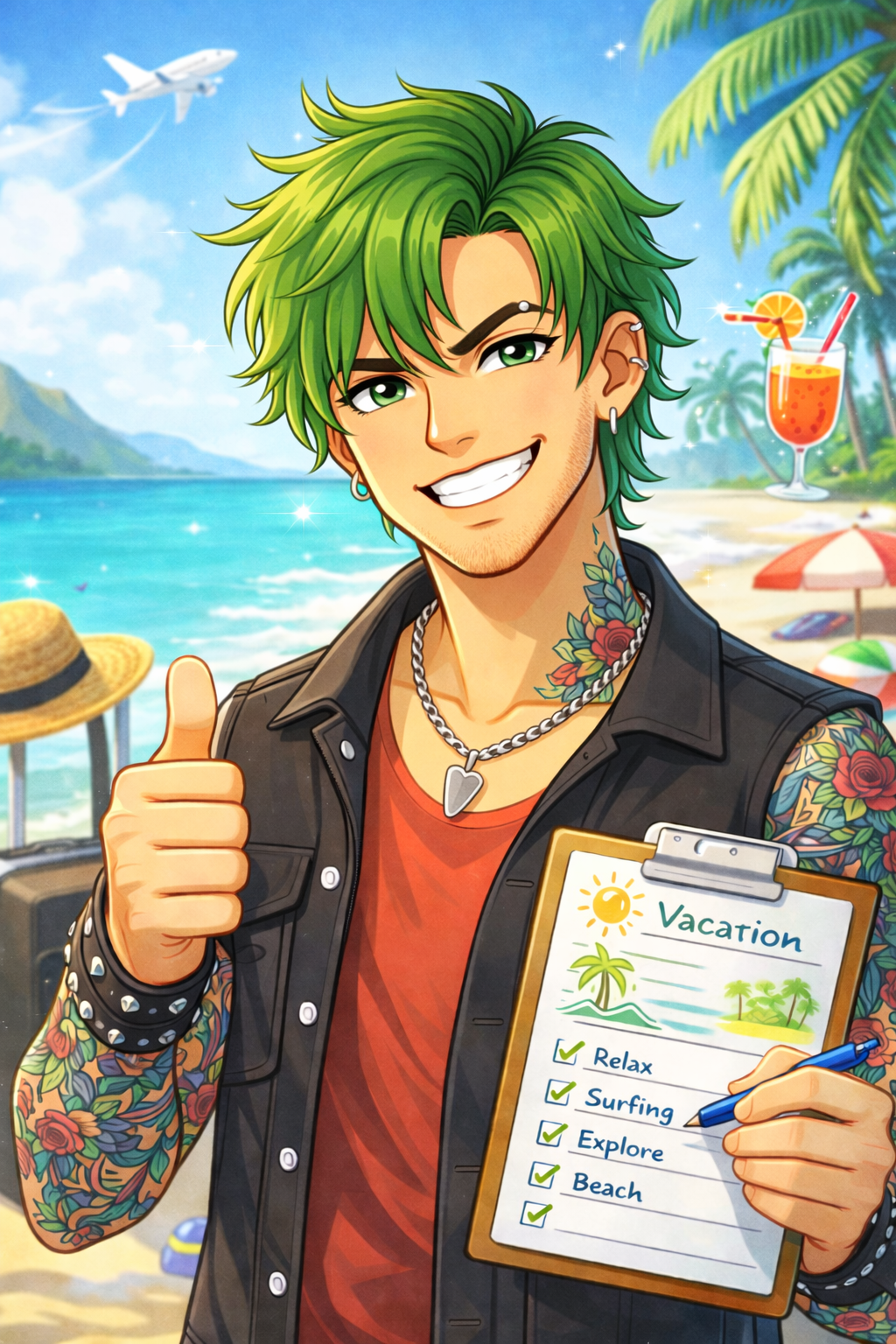 A young man with green hair and tattoos on his arms and neck, smiling and giving a thumbs up at the beach, holding a clipboard with vacation plans including relax, surfing, explore, and beach, with a tropical background that features a clear sky, palm trees, an island, and an airplane in the sky, while a cocktail and sun hat are on the beach.