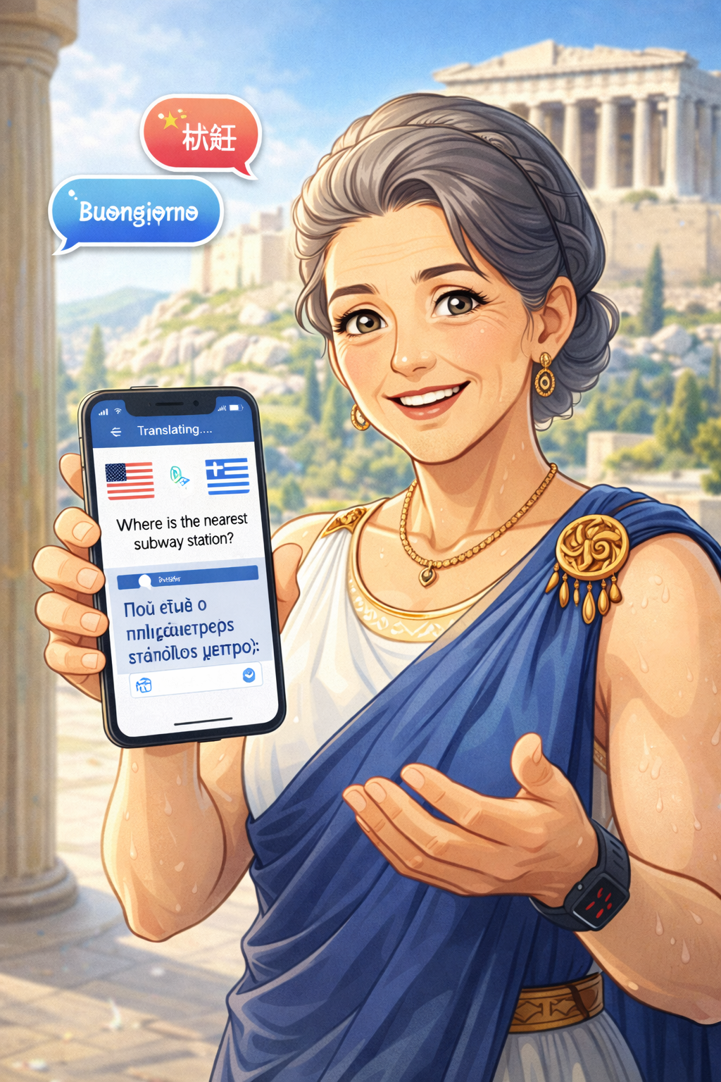 A woman dressed in Grecian-style clothing holding a smartphone with a translation app open, showing text in English and Greek, against a Greek temple background, with speech bubbles saying "Buongiorno" and Chinese characters.