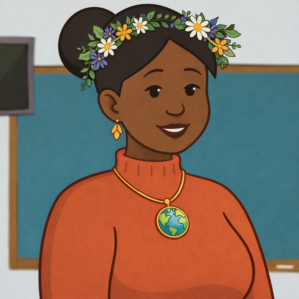 Cartoon illustration of a woman with dark skin, wearing a flower crown, orange sweater, and jewelry with a globe pendant, standing in front of a classroom chalkboard.