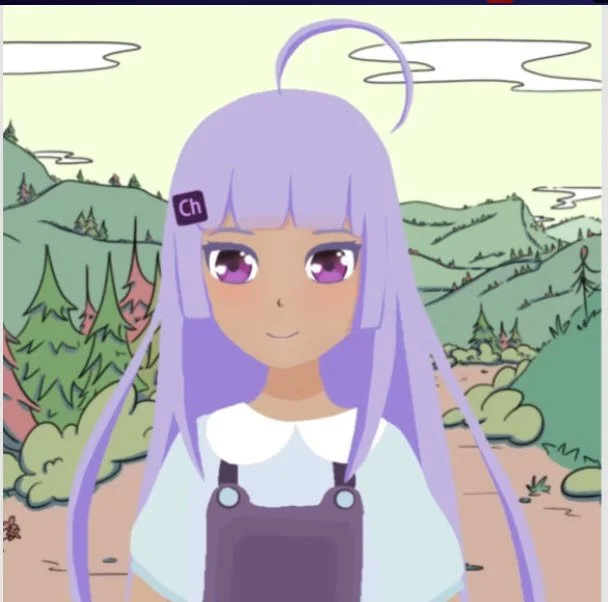 Cartoon girl with light purple hair in pigtails standing in a mountainous landscape with trees and clouds.