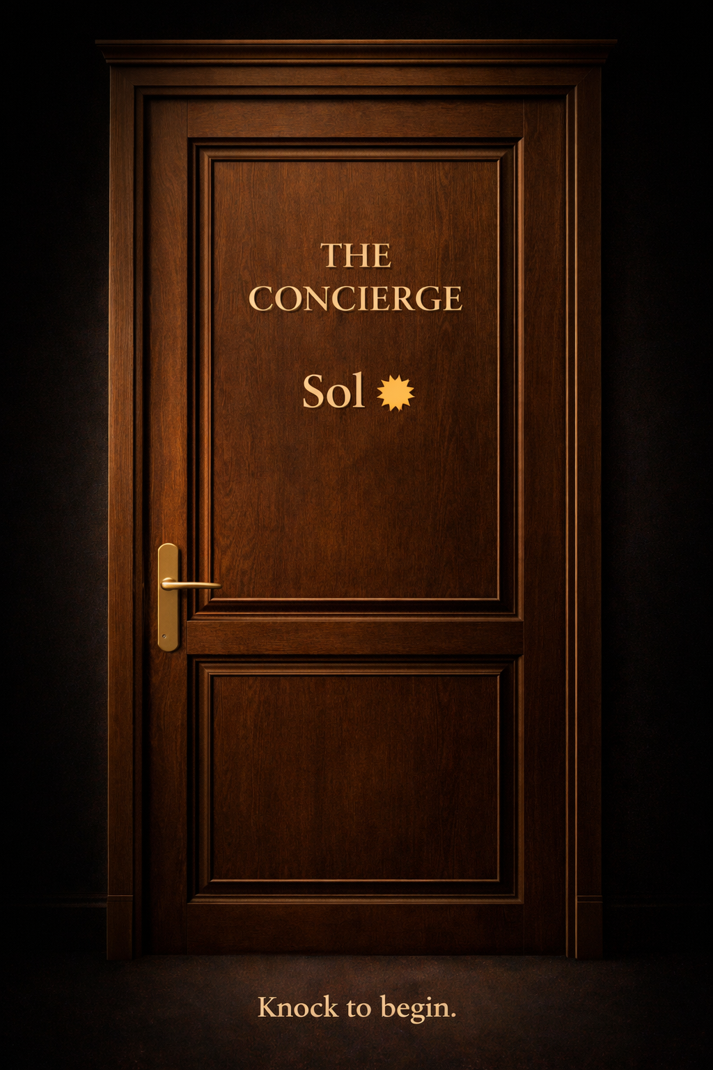 A wooden door labeled 'The Concierge' with a name tag 'Sol' and a star symbol. Text at the bottom reads 'Knock to begin.'