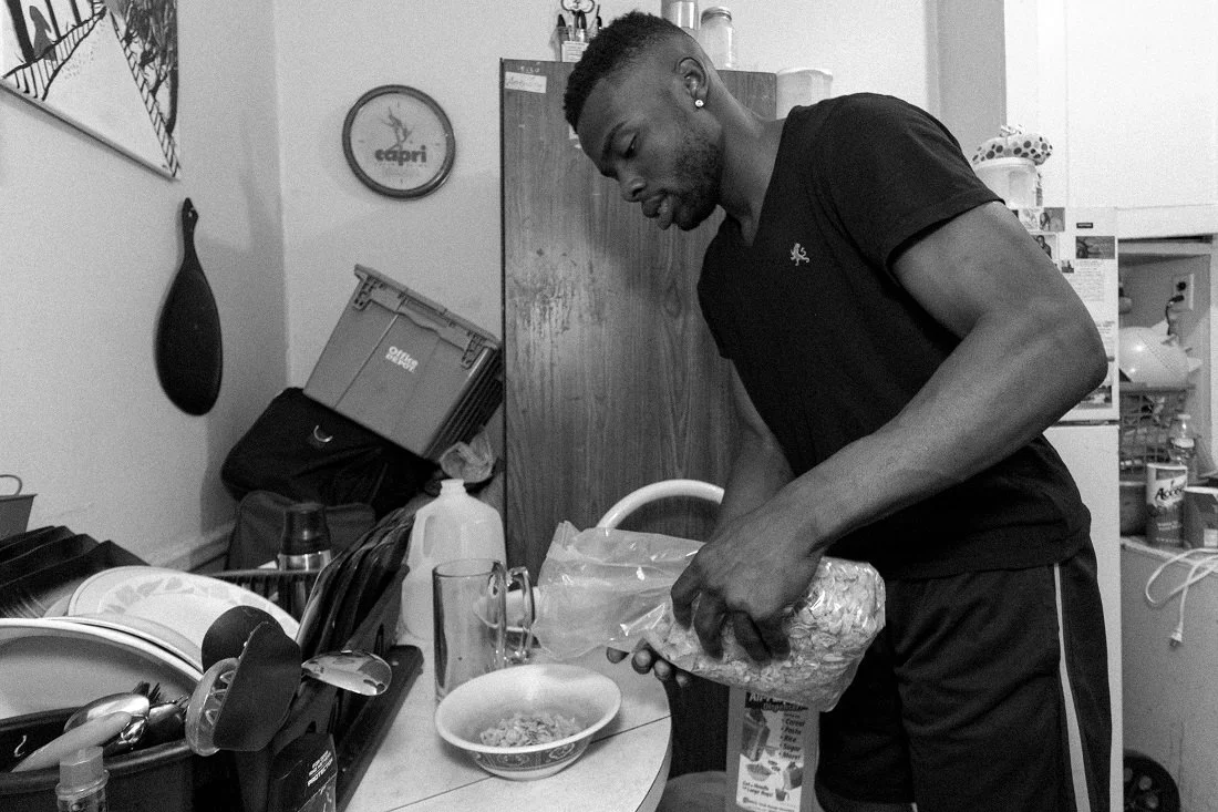 Preparing breakfast.